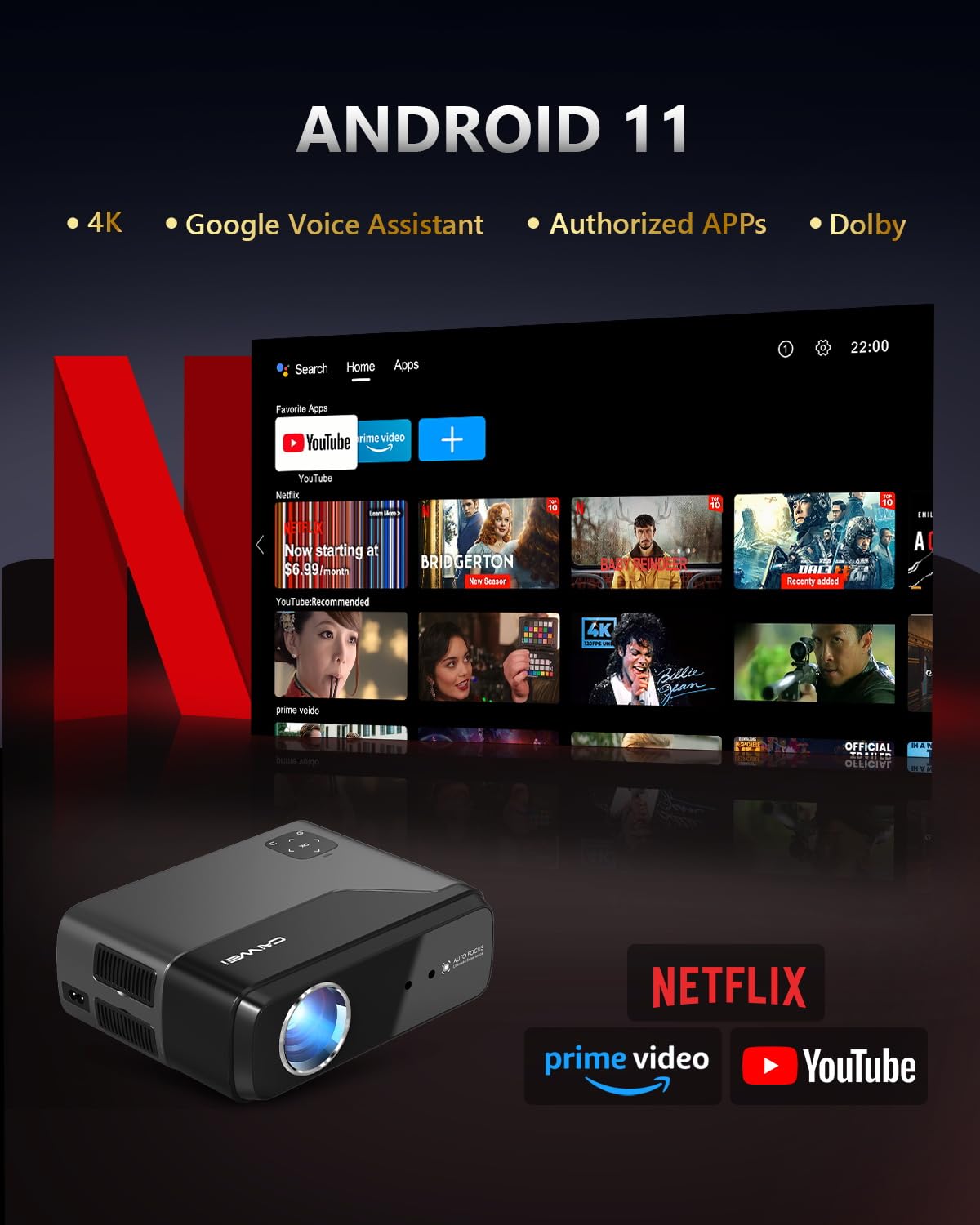 Smart 4K Projector 1400ANSI Daytime Viewing,High Brightness Movie Projetcor with WIFI6 Bluetooth NFC Casting for 300Inch Display 5G Home Theater Outdoor Projector with Netflix Disney+ Youtube Apps