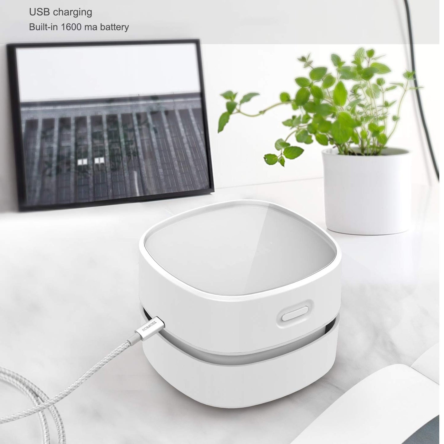 ODISTAR Desktop Vacuum Cleaner, Mini Table dust Sweeper Energy Saving,High Endurance up to 90 mins,Cordless&360º Rotatable Design for Keyboard/Home/School/Office(White AA Battery)