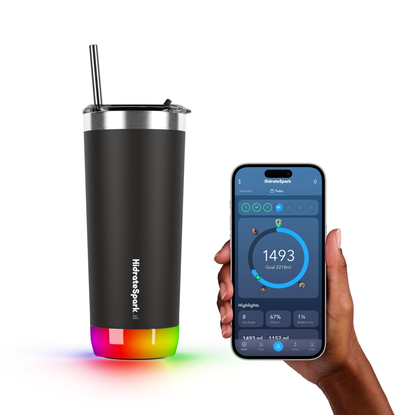 Hidrate Spark PRO Smart Tumbler with Lid & Straw – Insulated Stainless Steel – Tracks Water Intake with Bluetooth, LED Glow Reminder When You Need to Drink – 20oz, Brushed