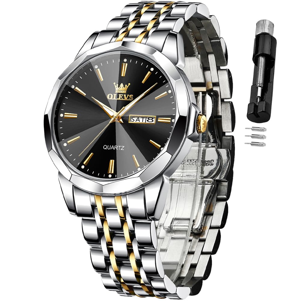 OLEVS Watch for Men Diamond Business Dress Analog Quartz Stainless Steel Waterproof Luminous Date Two Tone Luxury Casual Wrist Watch