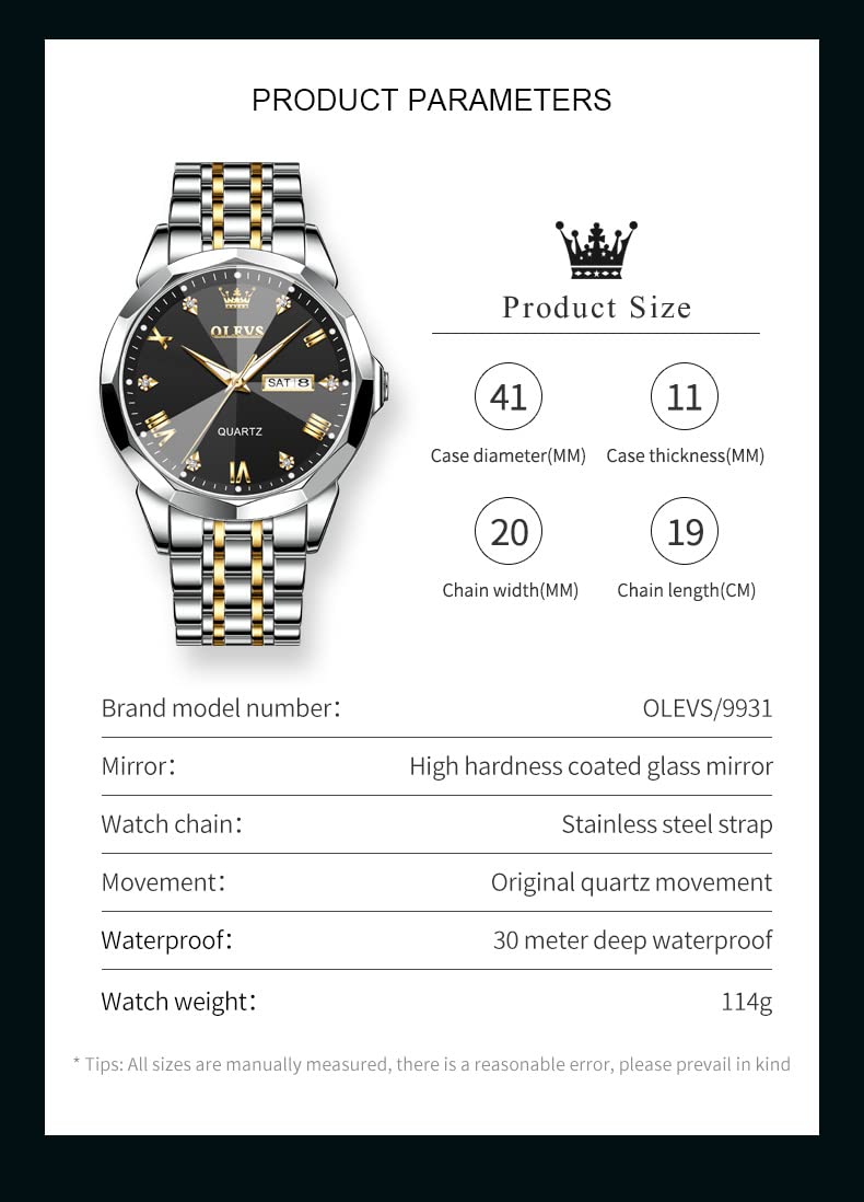 OLEVS Watch for Men Diamond Business Dress Analog Quartz Stainless Steel Waterproof Luminous Date Two Tone Luxury Casual Wrist Watch