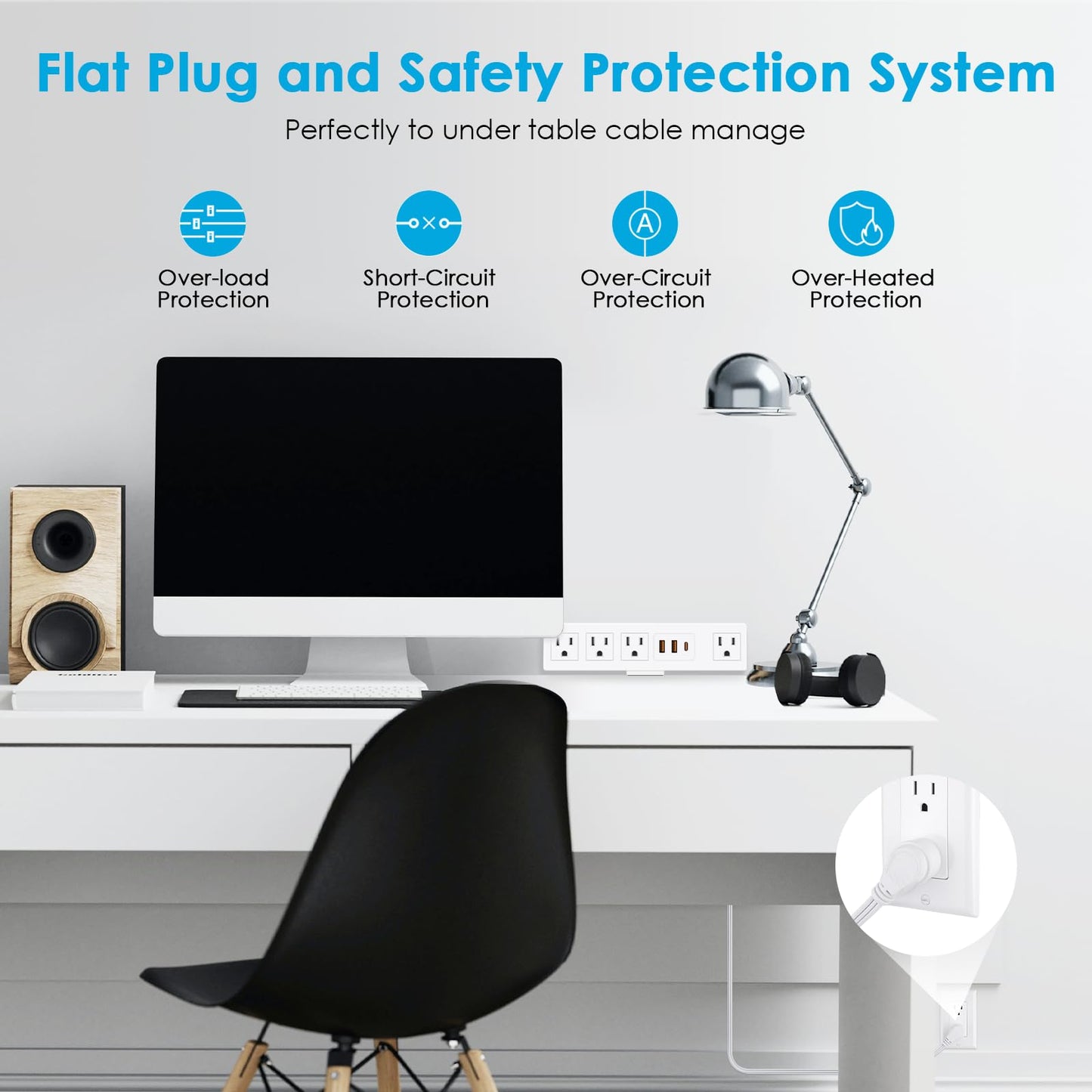 CCCEI Desk Clamp Power Strip with USB-A and USB-C Ports, Desktop Mount Surge Protector 1200J, Widely Spaced Desk Outlet Station, Fast Charging, 6 FT Flat Plug, Fit 1.9 inch Tabletop Edge. (Black)