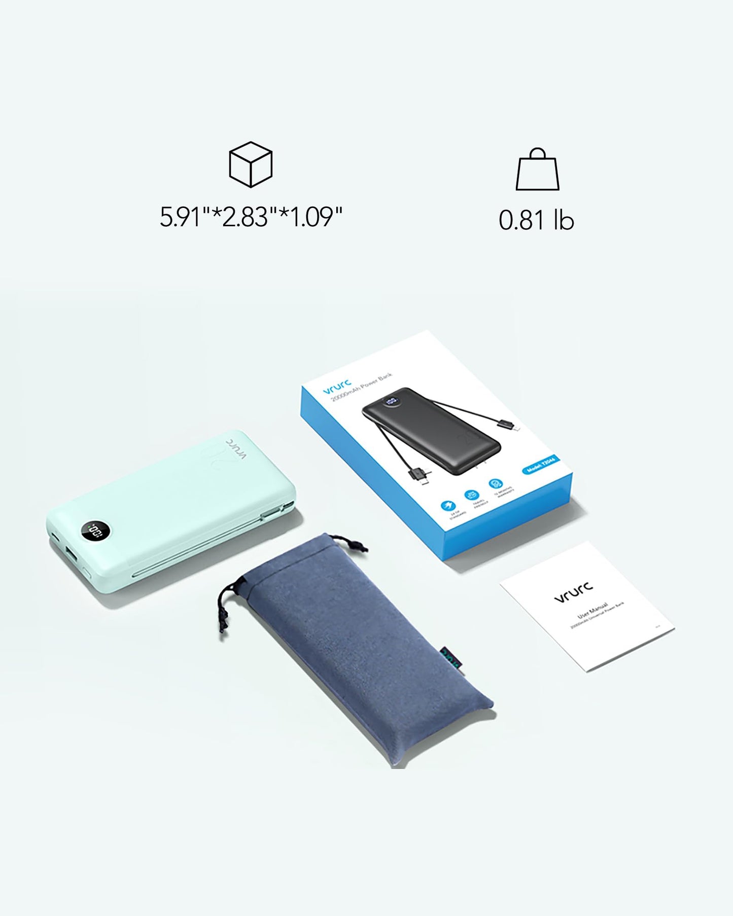 VRURC Power Bank 20000mAh, Fast Charging Portable Charger USB C,4 Output 2 Input Charging Bank Equipped with LED Display,Built-in Wall Plug and Cables,Cell Phone Replacement Battery,White