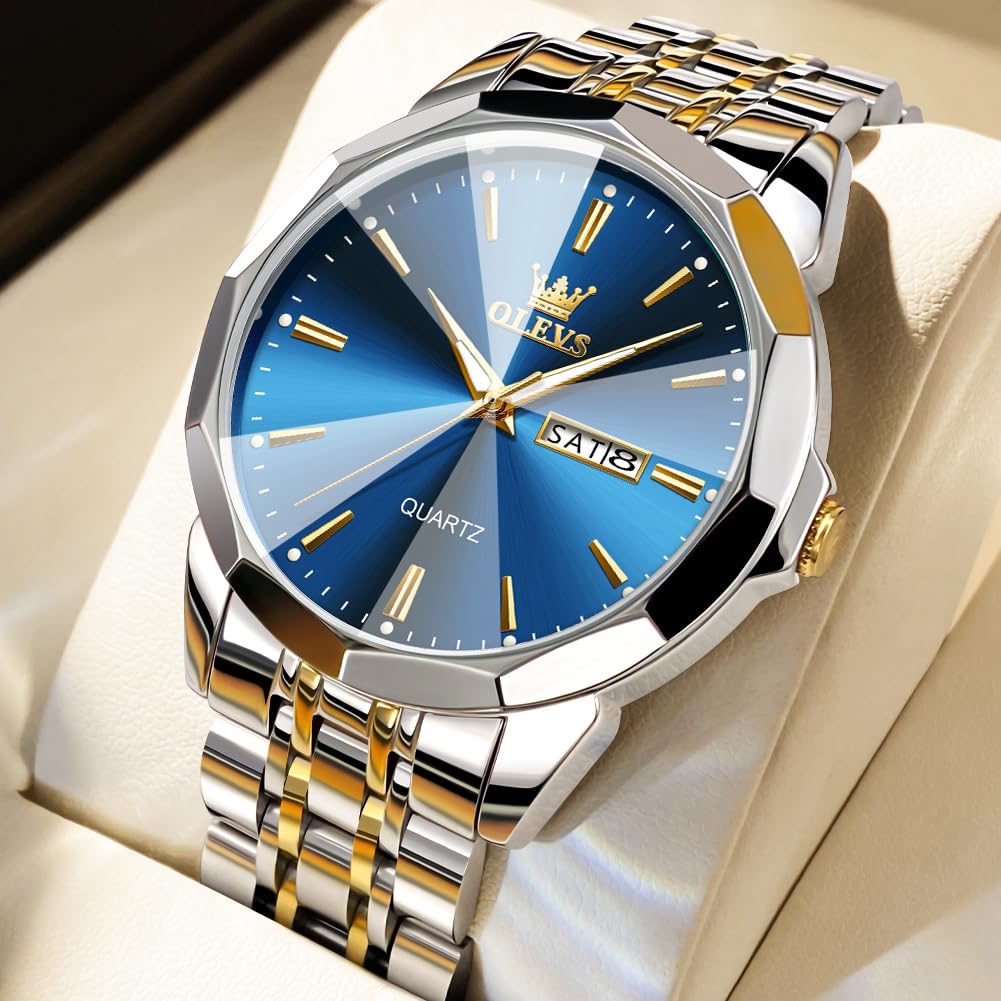 OLEVS Watch for Men Diamond Business Dress Analog Quartz Stainless Steel Waterproof Luminous Date Two Tone Luxury Casual Wrist Watch