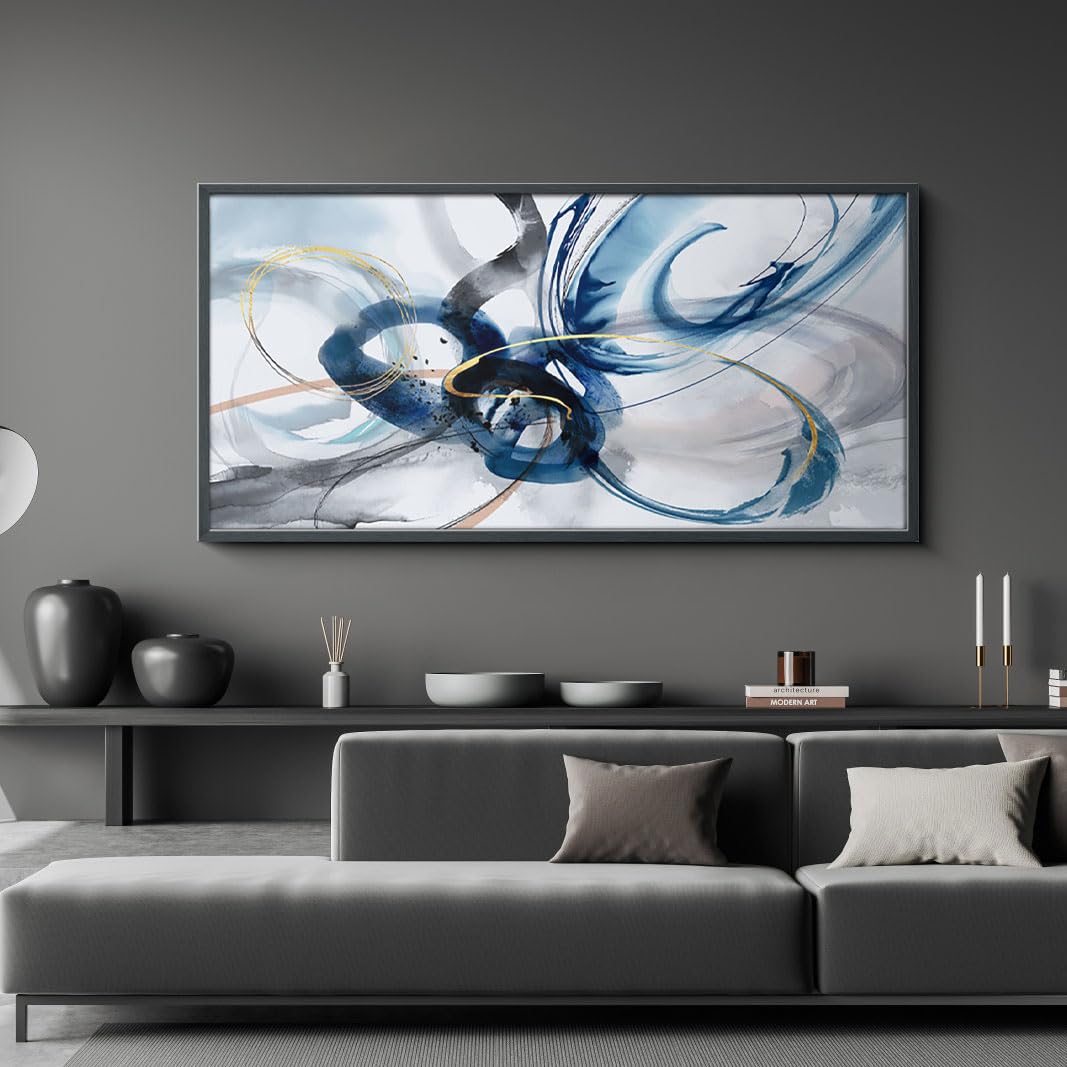 yiijeah Wall Art for Living Room - Framed Picture Artwork for Walls - Blue Wall Art 24x48 Inches Contemporary Abstract Wall Art Prints Canvas Painting Large Size Wall Art for Bedroom Office