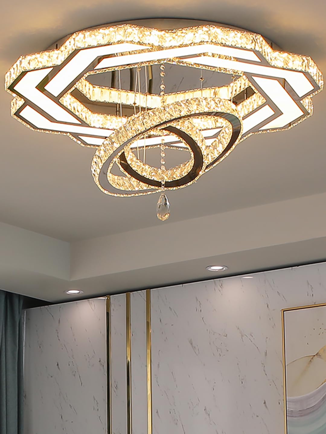 Flashing God Crystal Chandeliers Dia 32" Silver Elegant Chandelier Flush Mount Ceiling Light for Bedroom Living Room Dining Room Hallway Dimmable 3 Rings LED Celing Lighting Fixtures