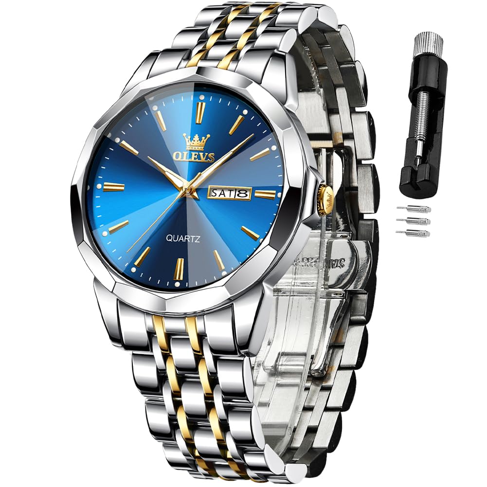 OLEVS Watch for Men Diamond Business Dress Analog Quartz Stainless Steel Waterproof Luminous Date Two Tone Luxury Casual Wrist Watch