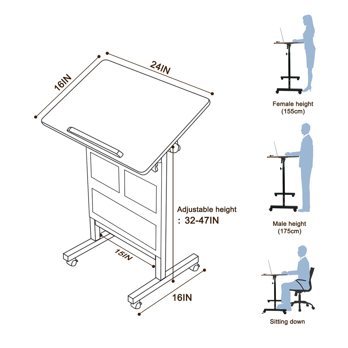 KOUPA Height Adjustable Mobile Standing Desk 16×24 in,360° Flip Desk Stand Desk Home Office Table Standing Desk for Small Space Offices,Easy to Assemble(Rustic Brown Desktop)