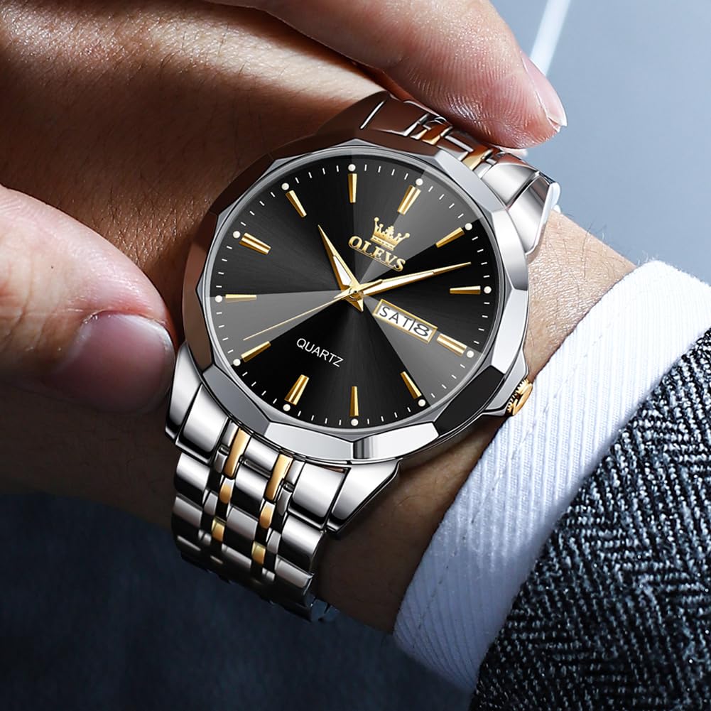 OLEVS Watch for Men Diamond Business Dress Analog Quartz Stainless Steel Waterproof Luminous Date Two Tone Luxury Casual Wrist Watch