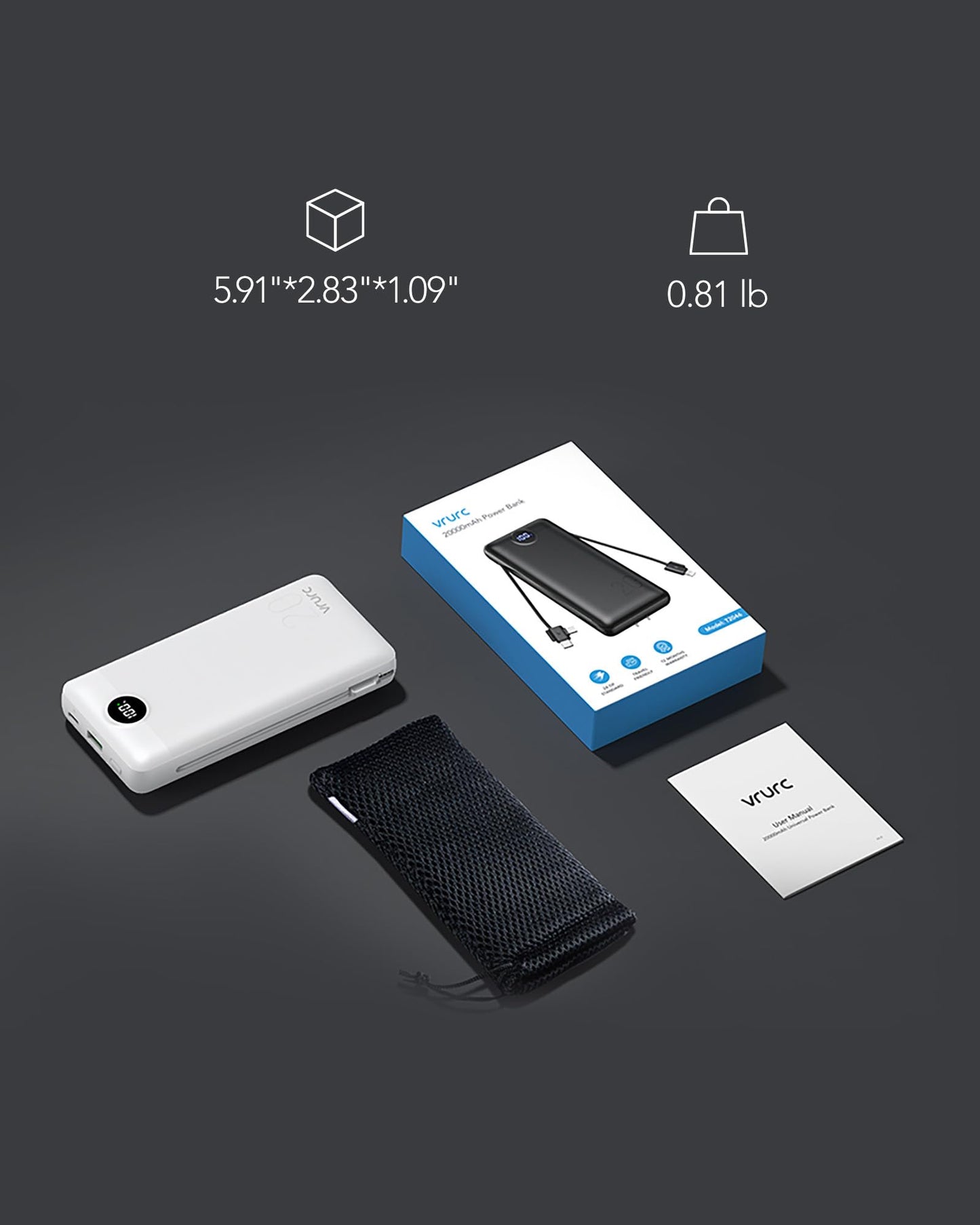 VRURC Power Bank 20000mAh, Fast Charging Portable Charger USB C,4 Output 2 Input Charging Bank Equipped with LED Display,Built-in Wall Plug and Cables,Cell Phone Replacement Battery,White