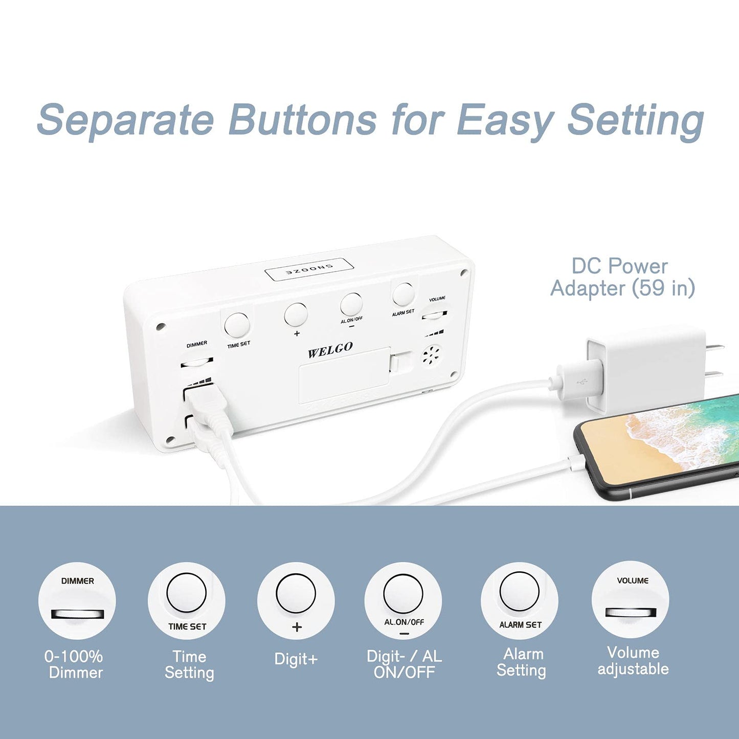 7.5 Inches Large Digital Alarm Clock for Seniors & Kids, 0-100% Dimmable Display, USB Charging Port, Adjustable Volume, Easy Operation, Snooze, Outlet Powered for Bedroom
