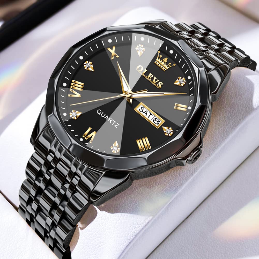 OLEVS Watch for Men Diamond Business Dress Analog Quartz Stainless Steel Waterproof Luminous Date Two Tone Luxury Casual Wrist Watch