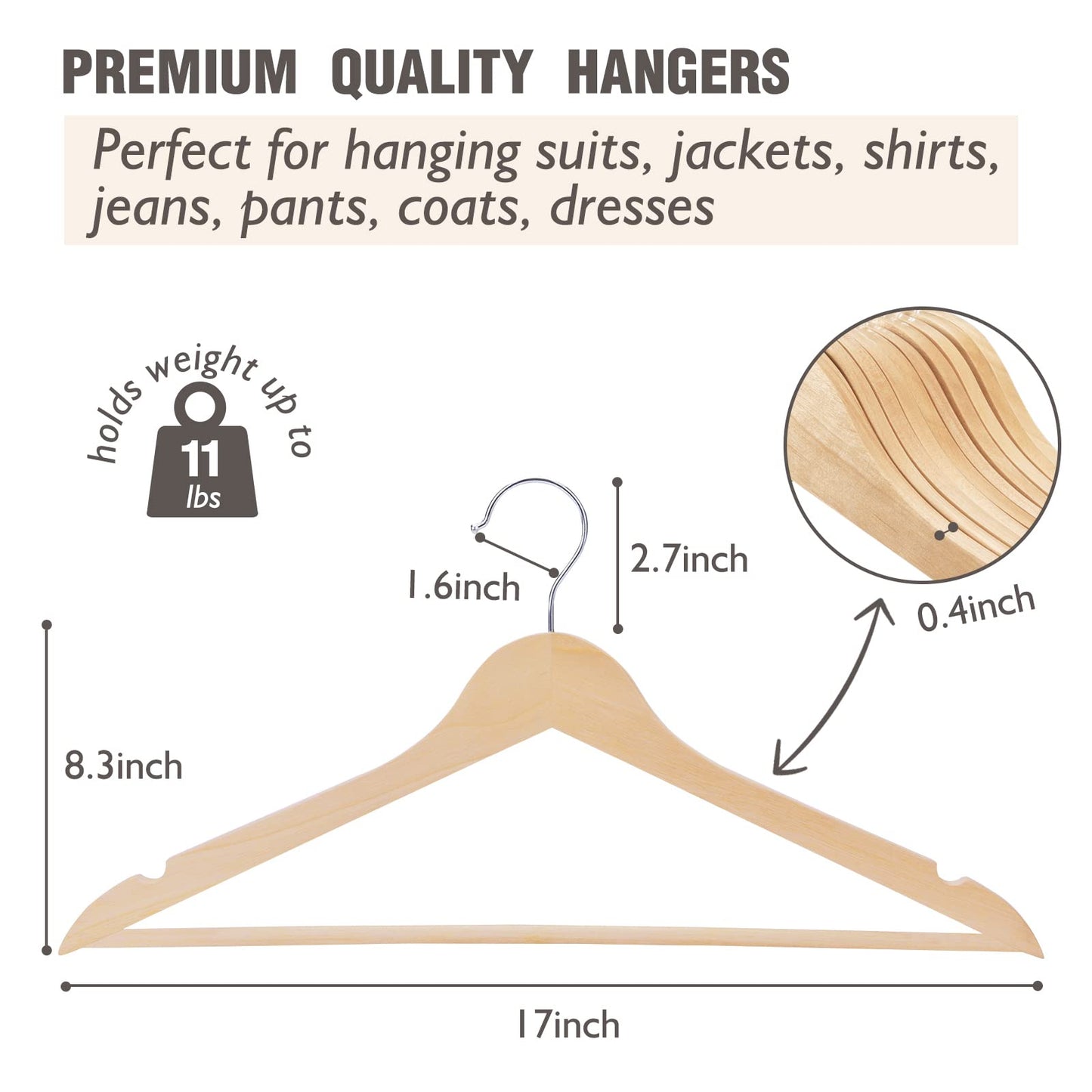 Wood Hangers 30 Pack, Non-Slip Wooden Hangers with 360° Swivel Hook & Notches, Slim Coat Hangers for Shirt, Suit, Jacket, Dress, Natural