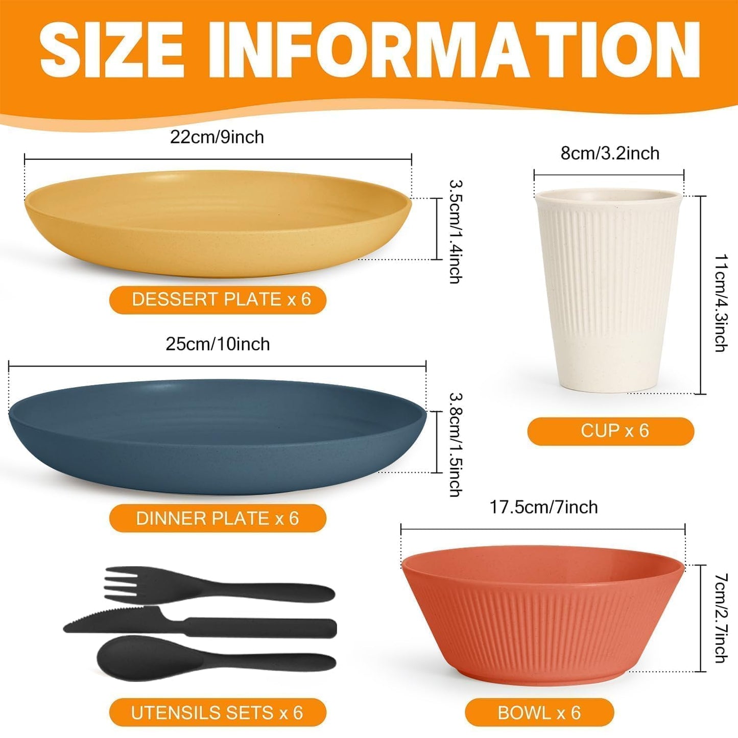 42 Pieces Wheat Straw Dinnerware Set - OAMCEG Plastic Dinner Set for 6, Kitchen Plates and Bowls Set, College Dorm Microwave Dishes, Unbreakable Plastic Outdoor Camping Dishes, Black
