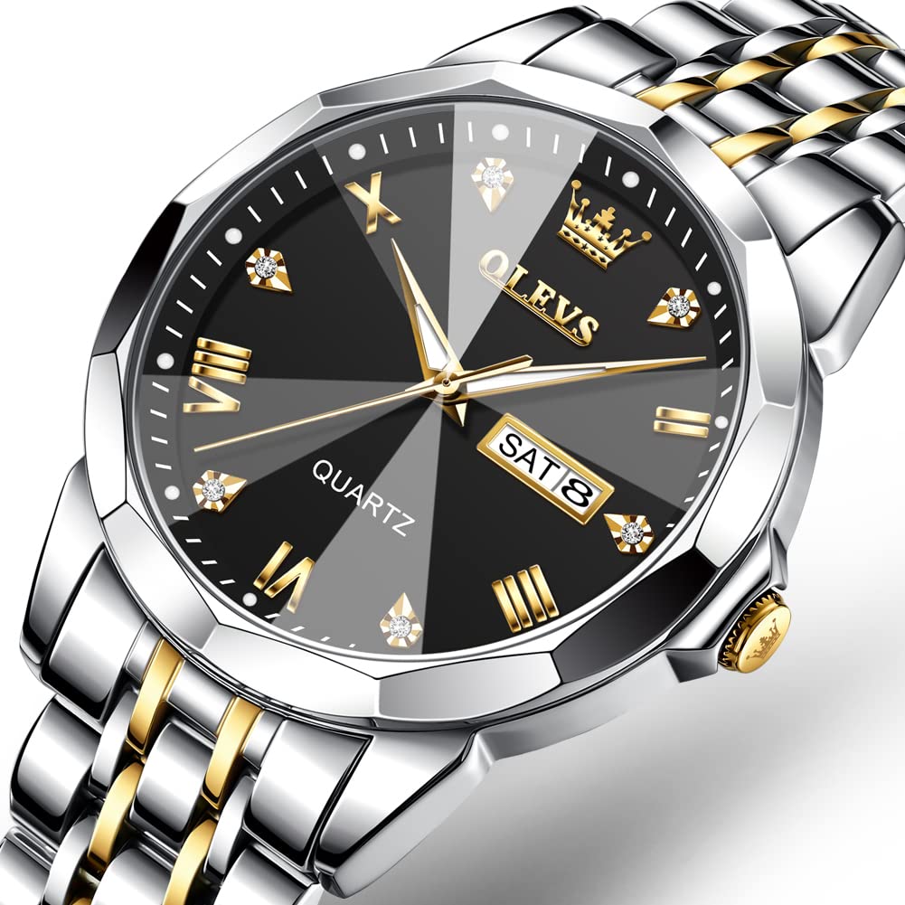OLEVS Watch for Men Diamond Business Dress Analog Quartz Stainless Steel Waterproof Luminous Date Two Tone Luxury Casual Wrist Watch
