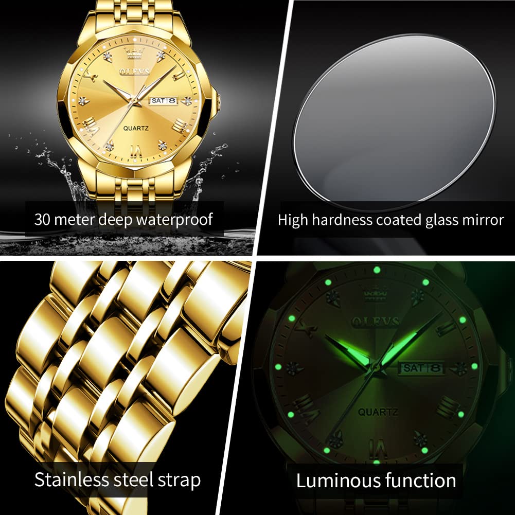 OLEVS Watch for Men Diamond Business Dress Analog Quartz Stainless Steel Waterproof Luminous Date Two Tone Luxury Casual Wrist Watch