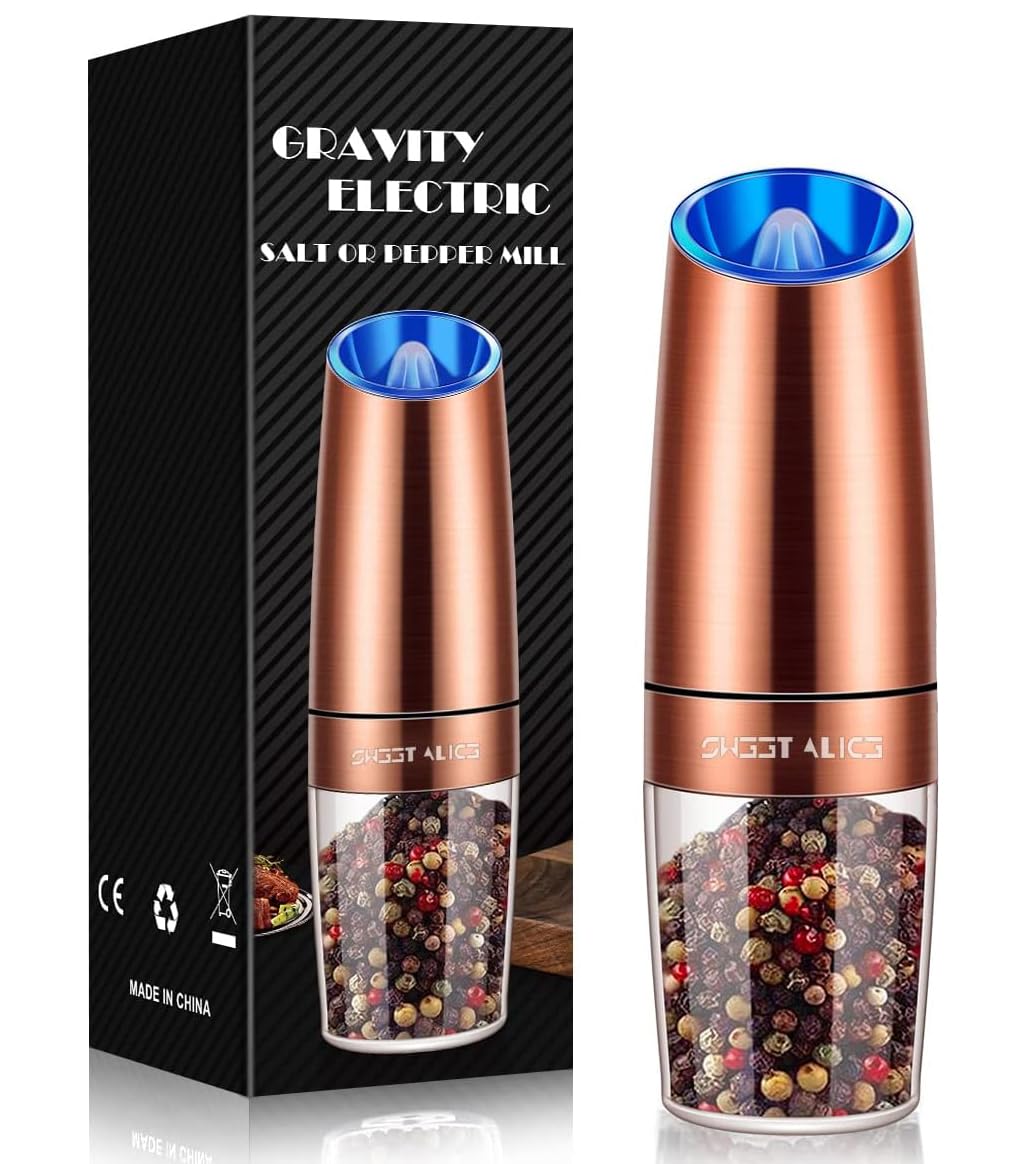 Gravity Electric Pepper and Salt Grinder Set, Salt and Pepper Mill & Adjustable Coarseness, Battery Powered with LED Light, One Hand Automatic Operation, Stainless Steel (Set/Silver)