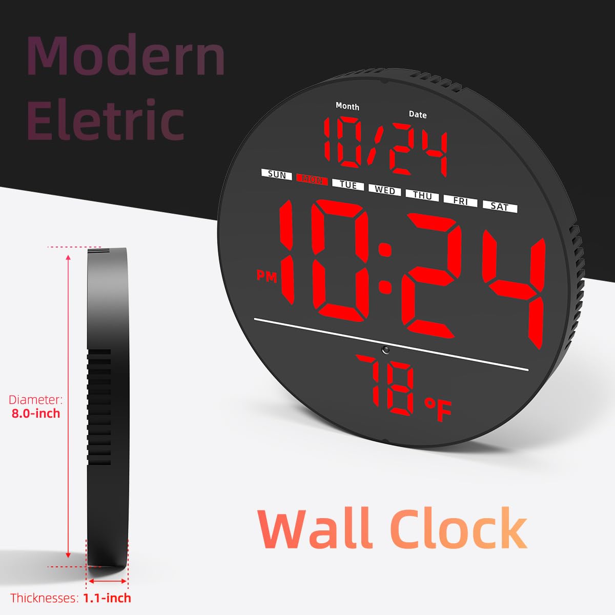 Digital Wall Clock with Large LED Display, Auto-Brightness, Temperature, Low-Reflectivity, Small Silent Non-Ticking Modern Electric Wall Clock for Bedroom, Living Room, Office, Classroom, Farmhouse