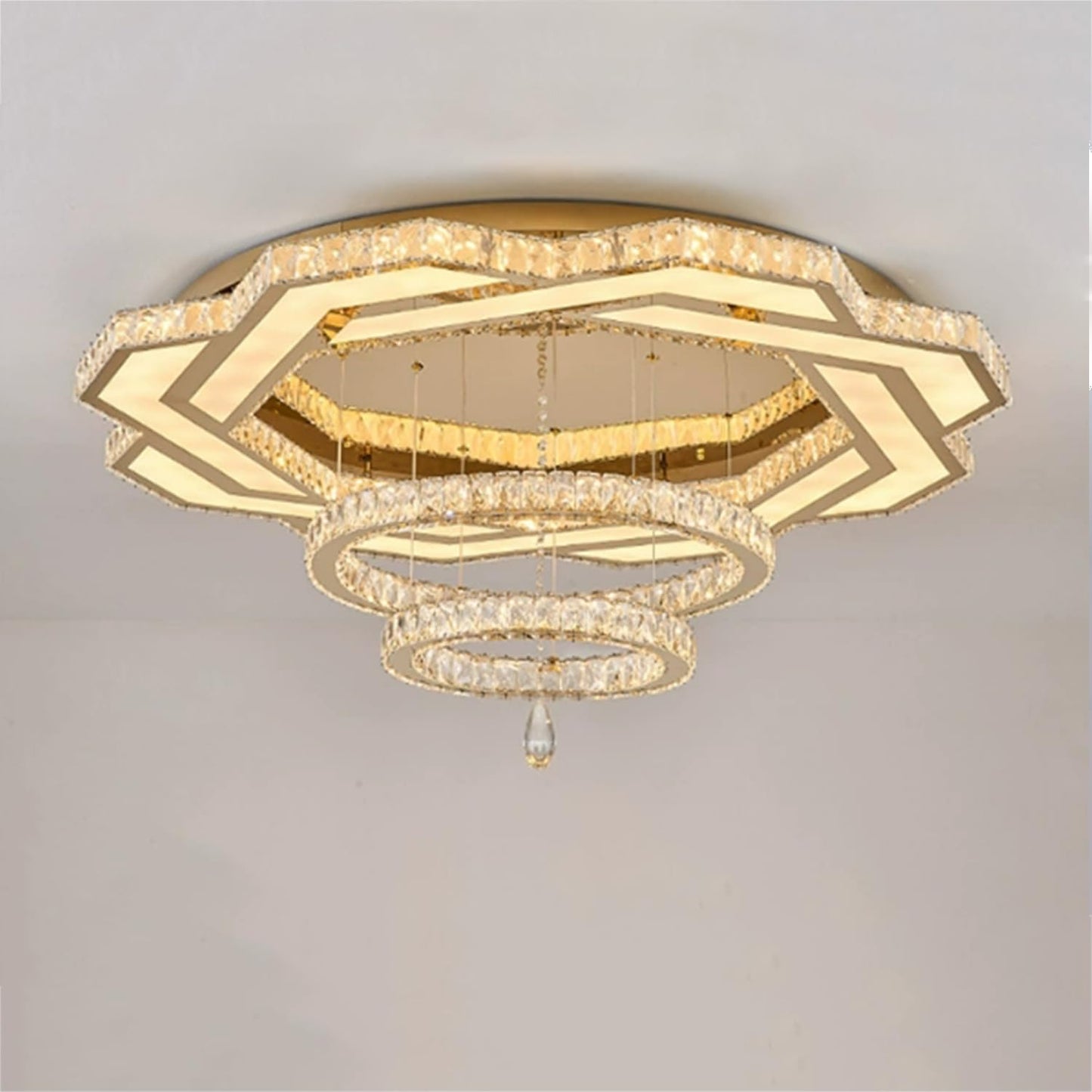 Flashing God Crystal Chandeliers Dia 32" Silver Elegant Chandelier Flush Mount Ceiling Light for Bedroom Living Room Dining Room Hallway Dimmable 3 Rings LED Celing Lighting Fixtures