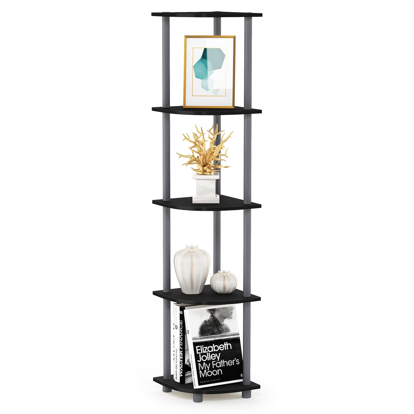 Furinno Turn-N-Tube 5 Tier Corner Display Rack Multipurpose Shelving Unit, 1-Pack, Espresso/Black