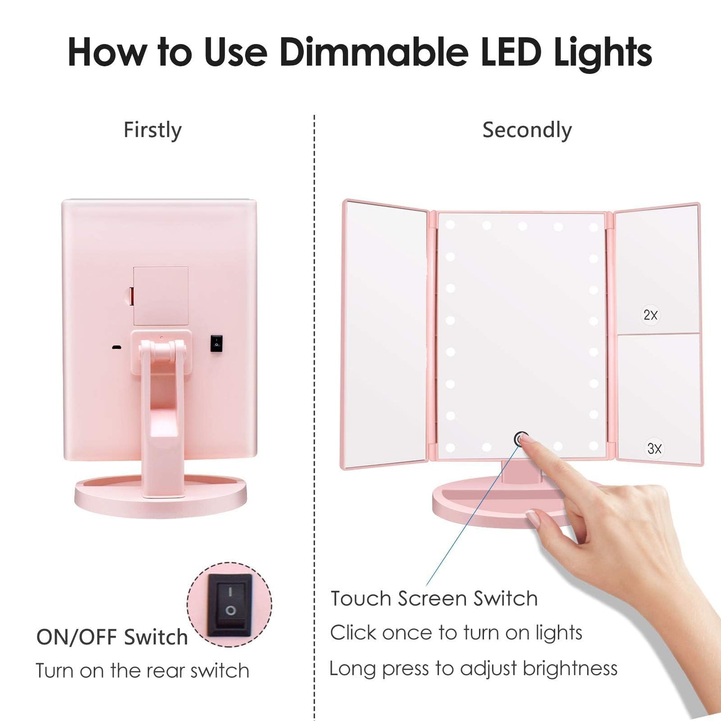 WEILY Makeup Mirror with 21 LED Lights,Two Power Supply Modes, Adjustable Touch Screen and 1x/2x/3x Magnification Tri-Fold Vanity Mirror,Chargeable Travel Cosmetic Mirror for Desktop(White)