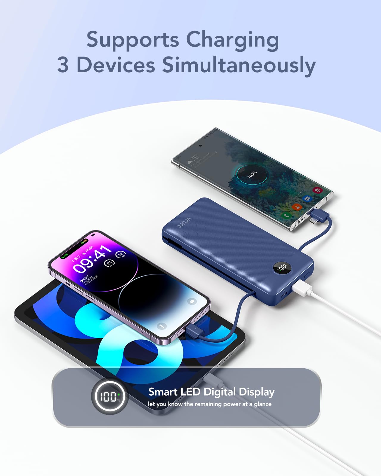 VRURC Power Bank 20000mAh, Fast Charging Portable Charger USB C,4 Output 2 Input Charging Bank Equipped with LED Display,Built-in Wall Plug and Cables,Cell Phone Replacement Battery,White