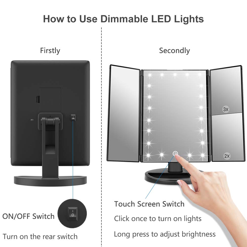 WEILY Makeup Mirror with 21 LED Lights,Two Power Supply Modes, Adjustable Touch Screen and 1x/2x/3x Magnification Tri-Fold Vanity Mirror,Chargeable Travel Cosmetic Mirror for Desktop(White)