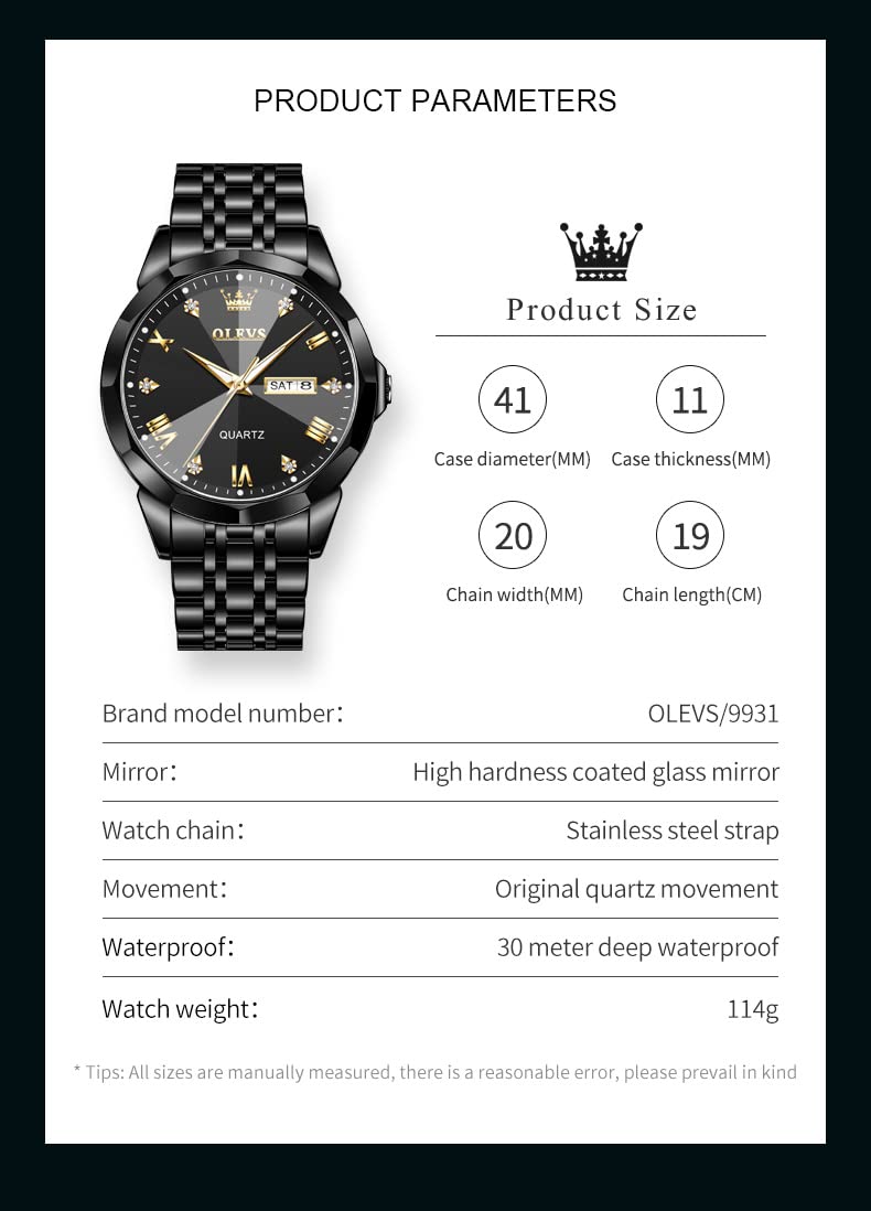 OLEVS Watch for Men Diamond Business Dress Analog Quartz Stainless Steel Waterproof Luminous Date Two Tone Luxury Casual Wrist Watch