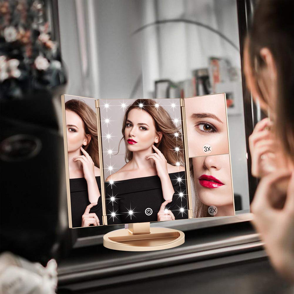 WEILY Makeup Mirror with 21 LED Lights,Two Power Supply Modes, Adjustable Touch Screen and 1x/2x/3x Magnification Tri-Fold Vanity Mirror,Chargeable Travel Cosmetic Mirror for Desktop(White)