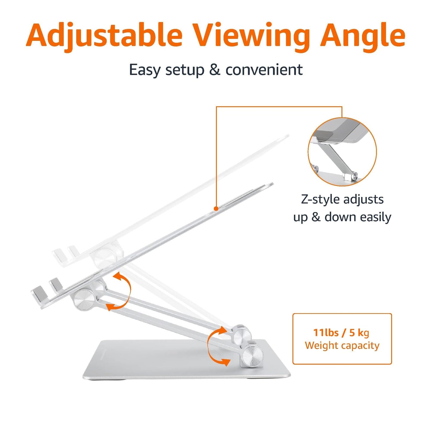 Amazon Basics Ergonomic and Foldable Laptop Stand for Desk, Adjustable Riser, Fits all Laptops and Notebooks up to 17.3 Inch, 10 x 8.7 x 6 in, Silver