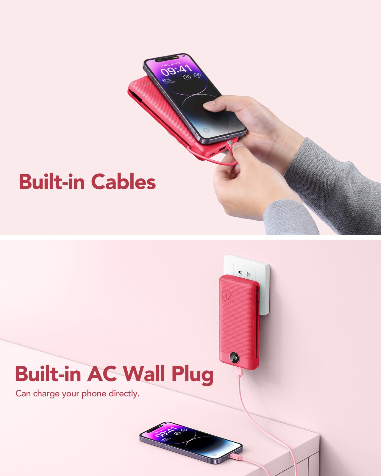 VRURC Power Bank 20000mAh, Fast Charging Portable Charger USB C,4 Output 2 Input Charging Bank Equipped with LED Display,Built-in Wall Plug and Cables,Cell Phone Replacement Battery,White