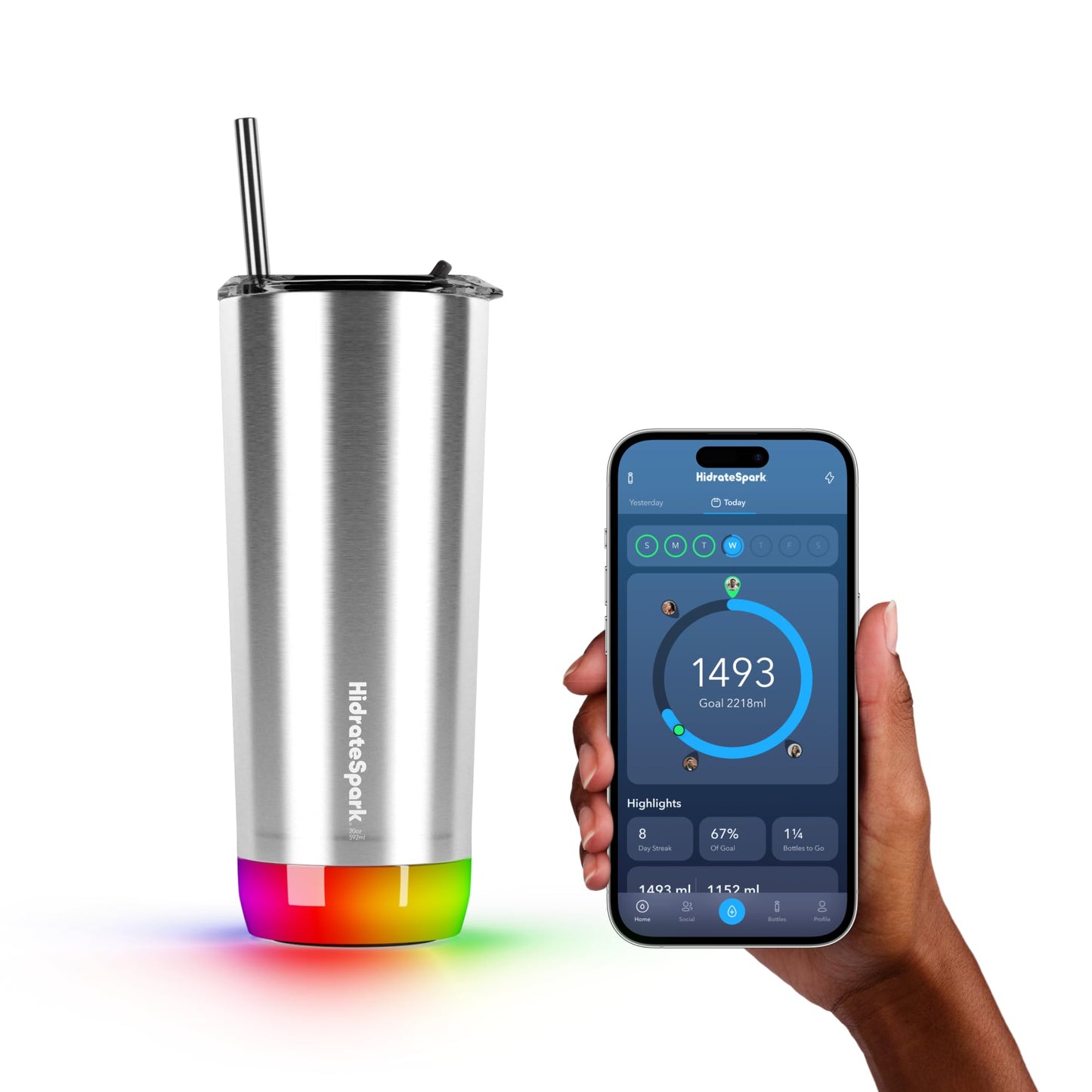 Hidrate Spark PRO Smart Tumbler with Lid & Straw – Insulated Stainless Steel – Tracks Water Intake with Bluetooth, LED Glow Reminder When You Need to Drink – 20oz, Brushed