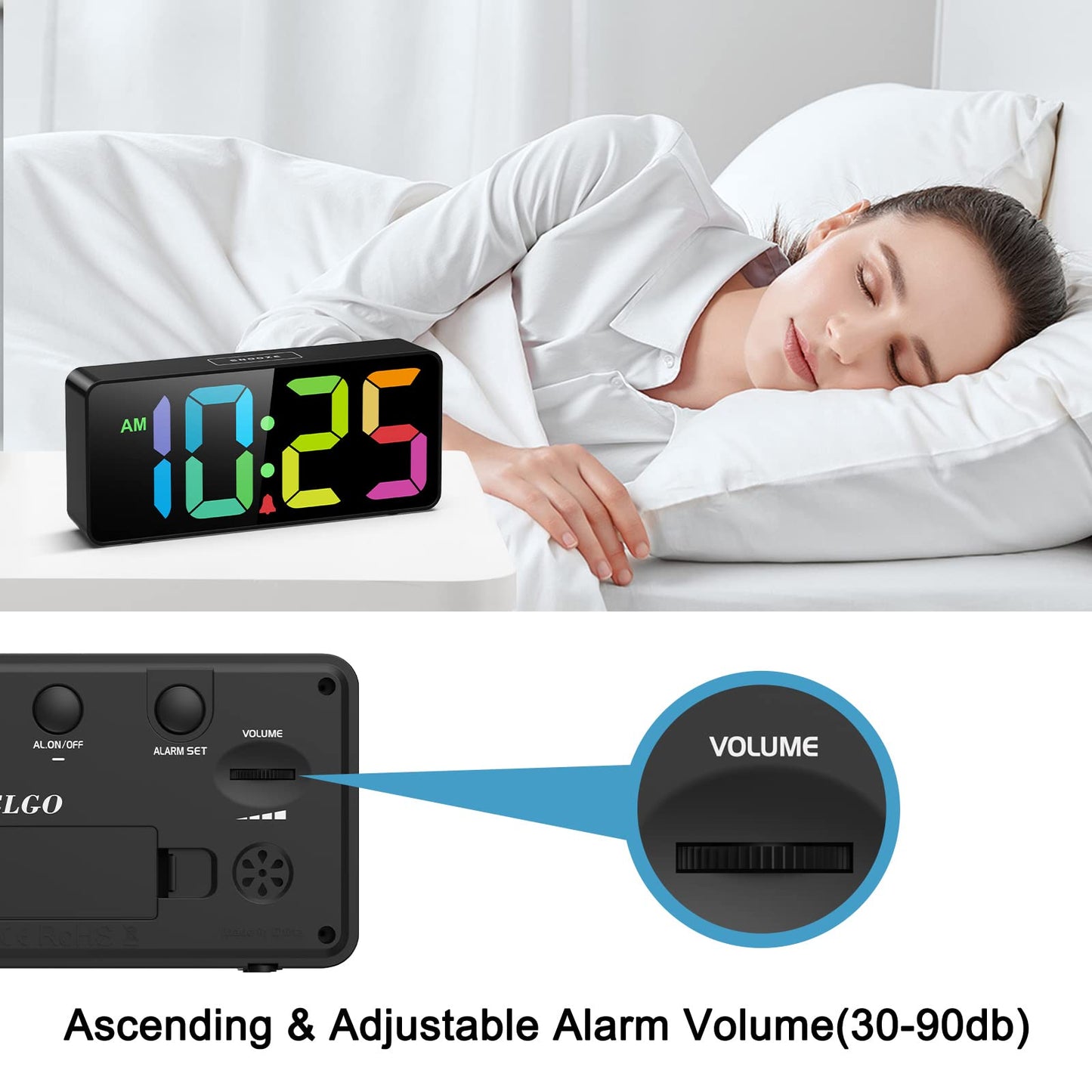 7.5 Inches Large Digital Alarm Clock for Seniors & Kids, 0-100% Dimmable Display, USB Charging Port, Adjustable Volume, Easy Operation, Snooze, Outlet Powered for Bedroom