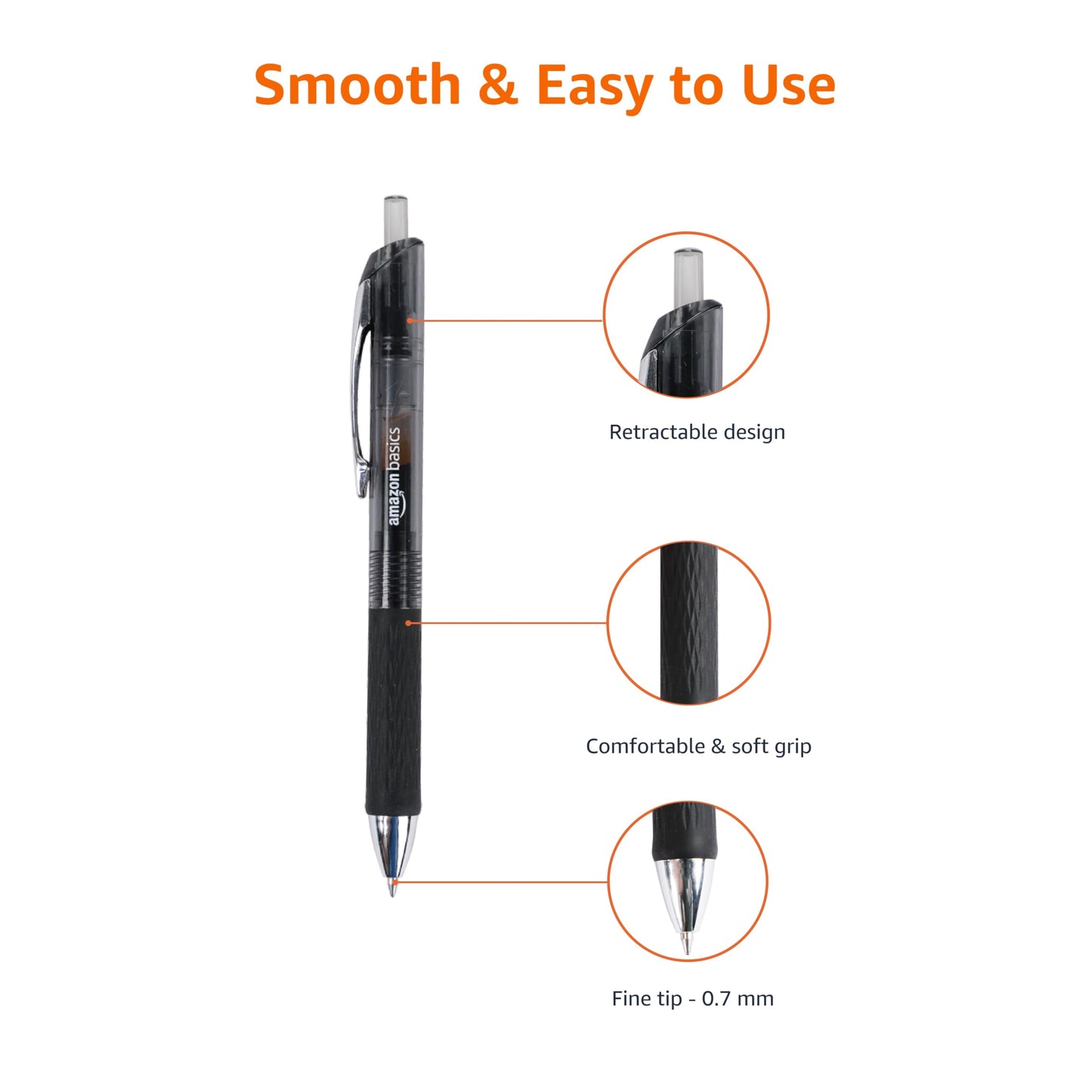 Amazon Basics Gel Pens Fine Point Smooth Writing Pens, Retractable, Black, 0.7mm, 12 Pack