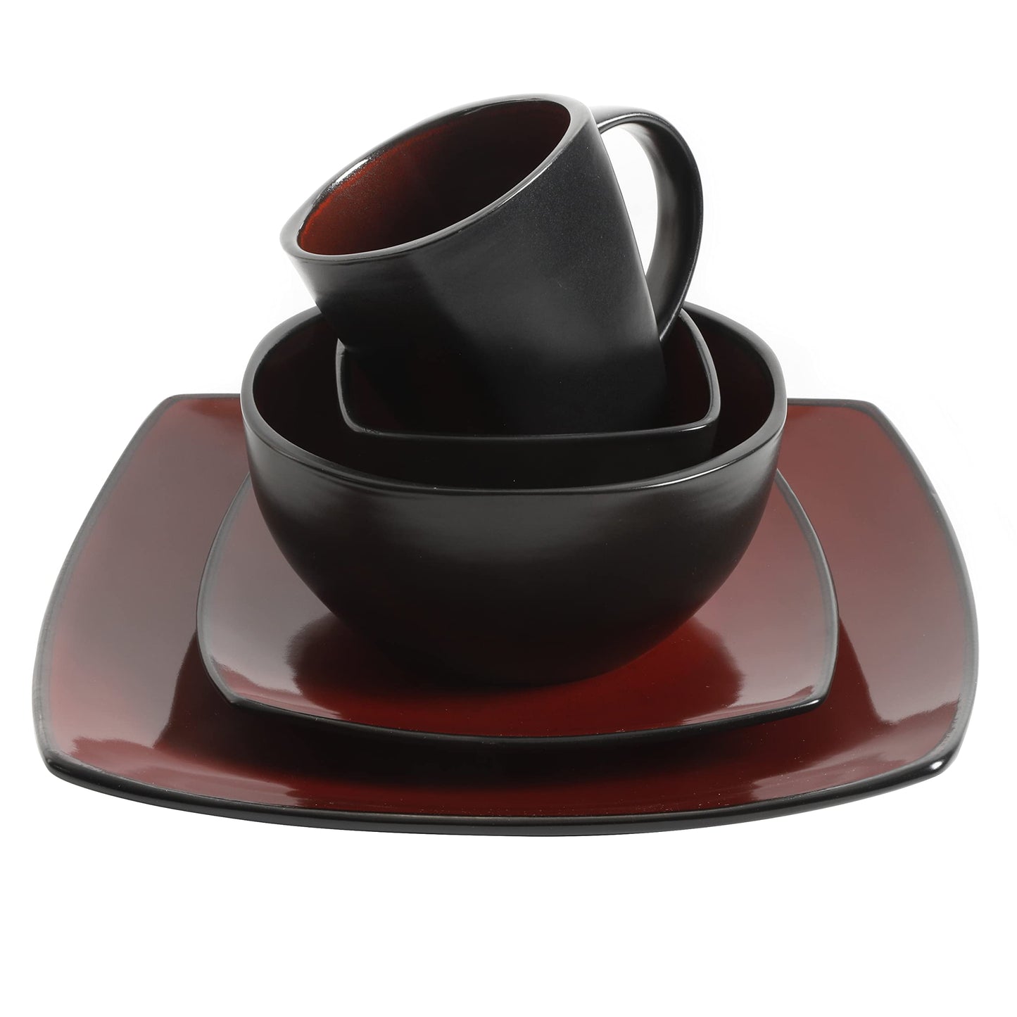 Gibson Soho Lounge Square Reactive Glaze Dinnerware Set, Red, Service for 4 (16pcs)