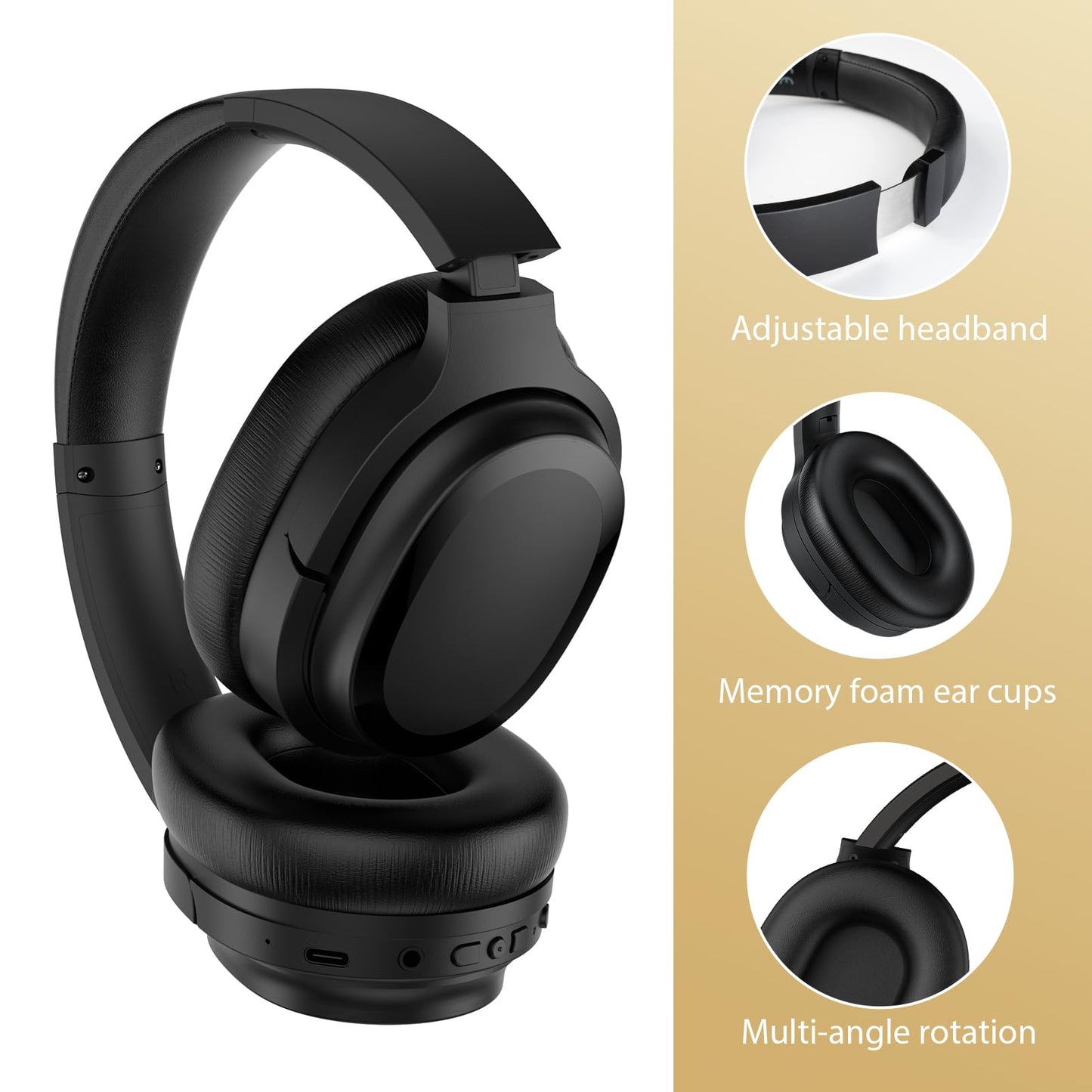Hybrid Active Noise Cancelling Headphones, Wireless Over Ear Bluetooth Headphones, Hi-Fi Audio, Deep Bass, Comfort Fit Ear Cups, 30h Playtime for Home Office Travel, Matte Black