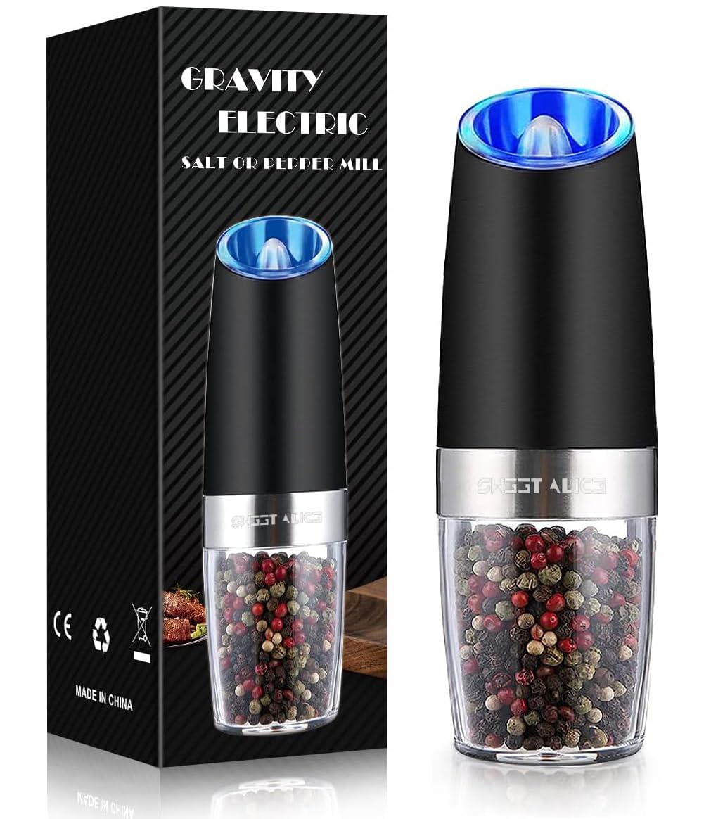 Gravity Electric Pepper and Salt Grinder Set, Salt and Pepper Mill & Adjustable Coarseness, Battery Powered with LED Light, One Hand Automatic Operation, Stainless Steel (Set/Silver)