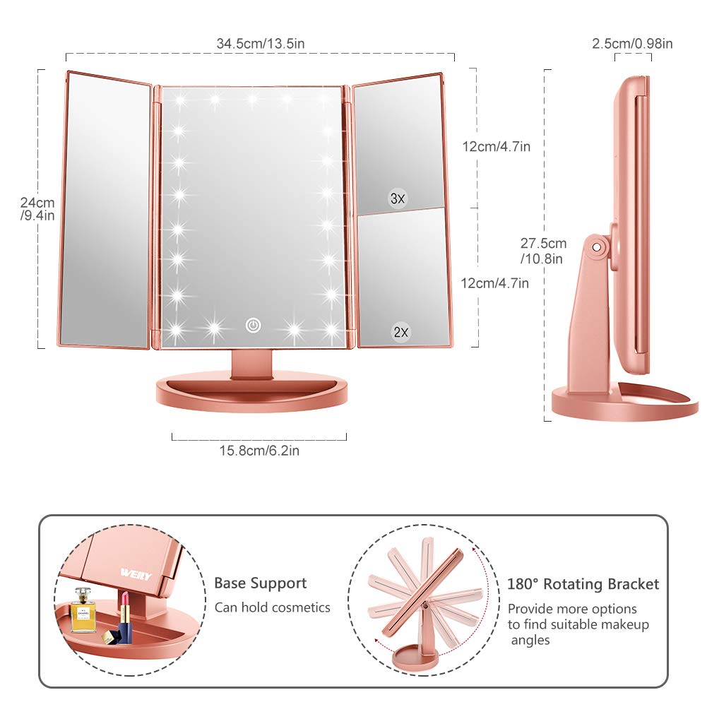 WEILY Makeup Mirror with 21 LED Lights,Two Power Supply Modes, Adjustable Touch Screen and 1x/2x/3x Magnification Tri-Fold Vanity Mirror,Chargeable Travel Cosmetic Mirror for Desktop(White)