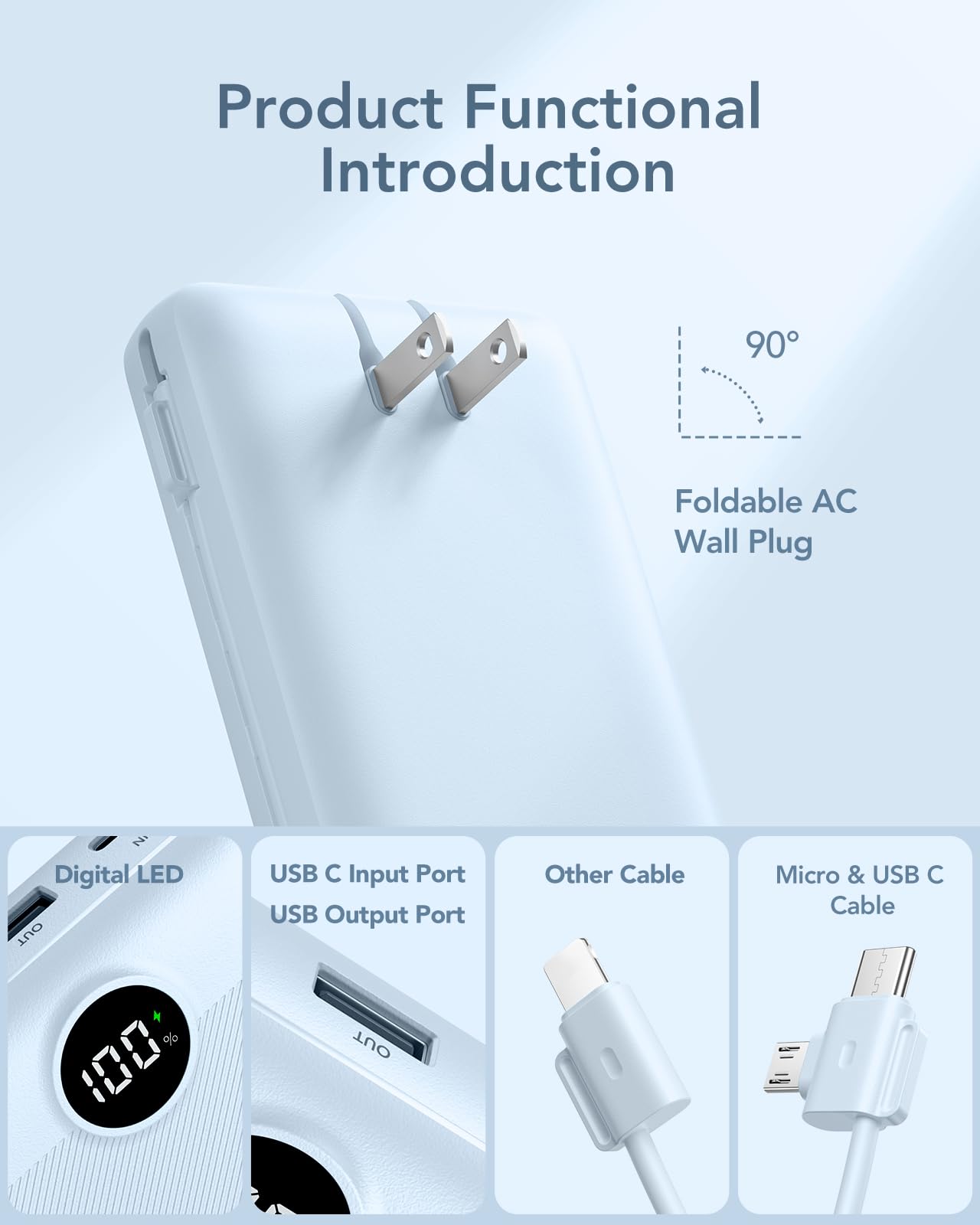 VRURC Power Bank 20000mAh, Fast Charging Portable Charger USB C,4 Output 2 Input Charging Bank Equipped with LED Display,Built-in Wall Plug and Cables,Cell Phone Replacement Battery,White