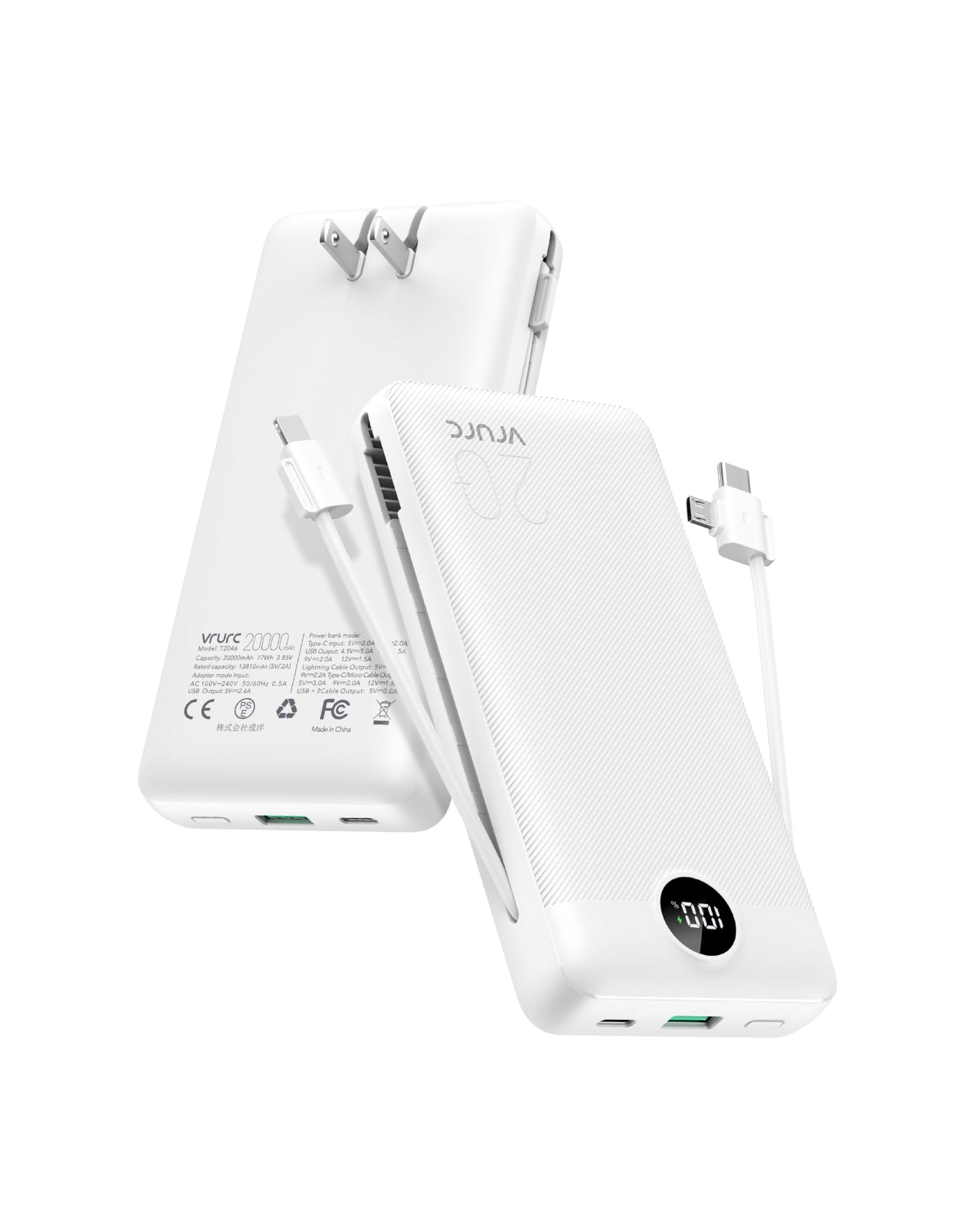 VRURC Power Bank 20000mAh, Fast Charging Portable Charger USB C,4 Output 2 Input Charging Bank Equipped with LED Display,Built-in Wall Plug and Cables,Cell Phone Replacement Battery,White