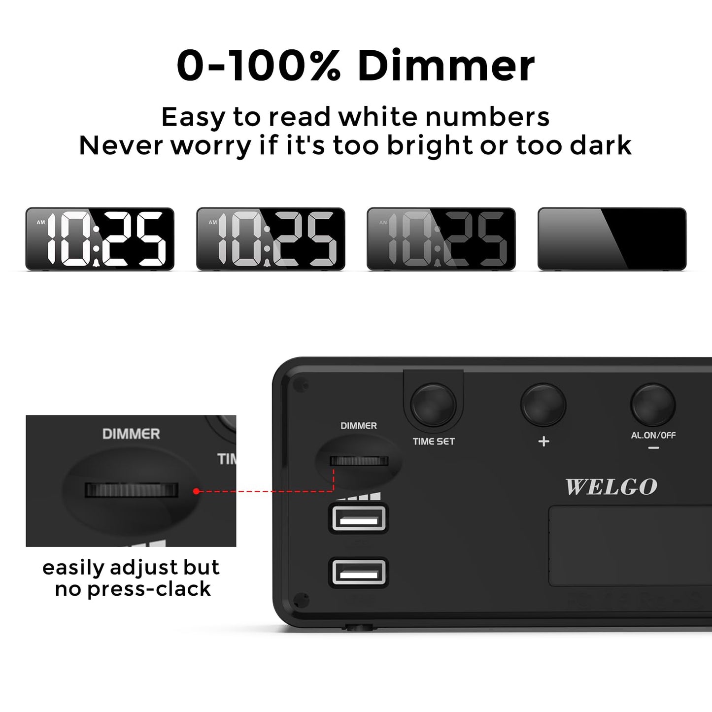 7.5 Inches Large Digital Alarm Clock for Seniors & Kids, 0-100% Dimmable Display, USB Charging Port, Adjustable Volume, Easy Operation, Snooze, Outlet Powered for Bedroom