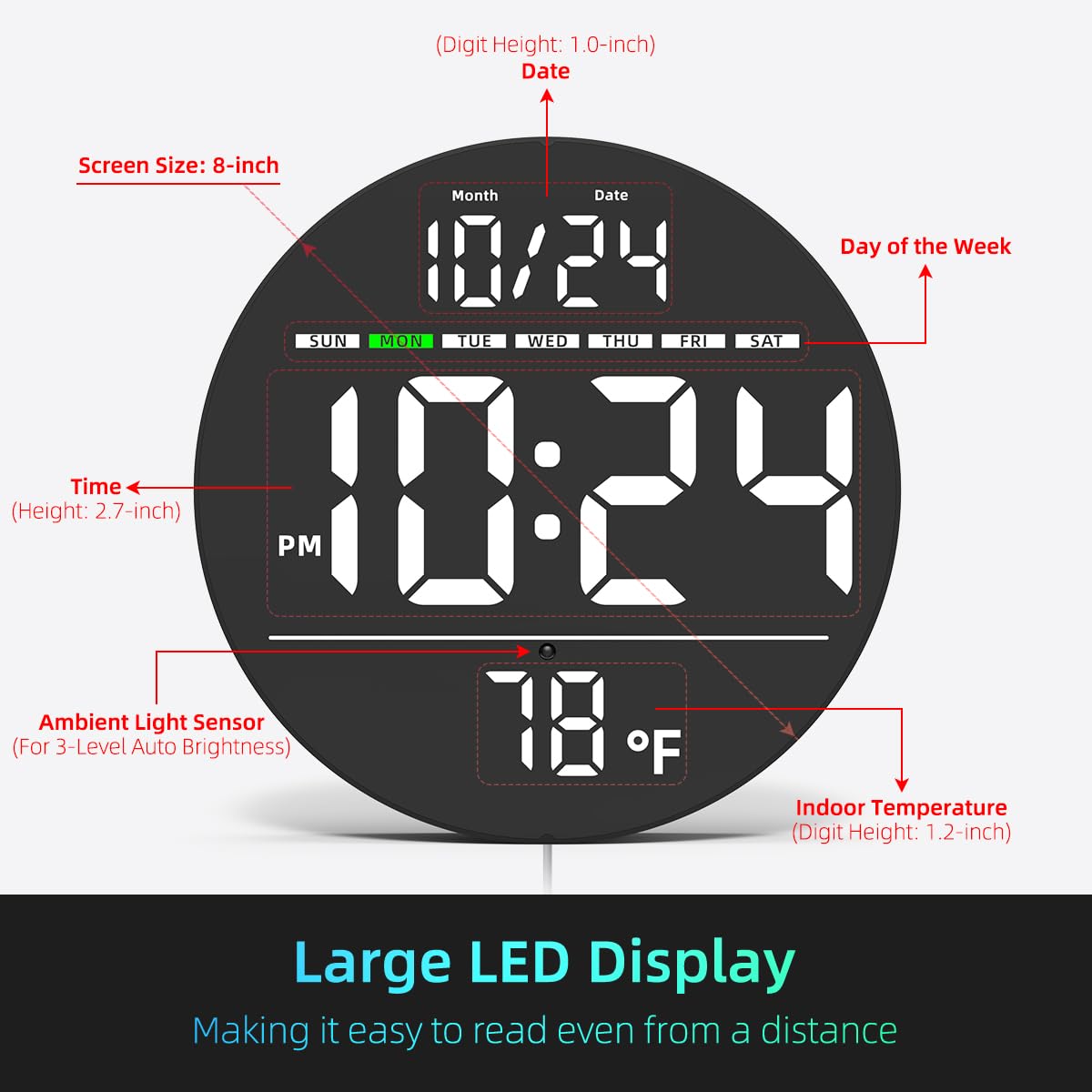 Digital Wall Clock with Large LED Display, Auto-Brightness, Temperature, Low-Reflectivity, Small Silent Non-Ticking Modern Electric Wall Clock for Bedroom, Living Room, Office, Classroom, Farmhouse
