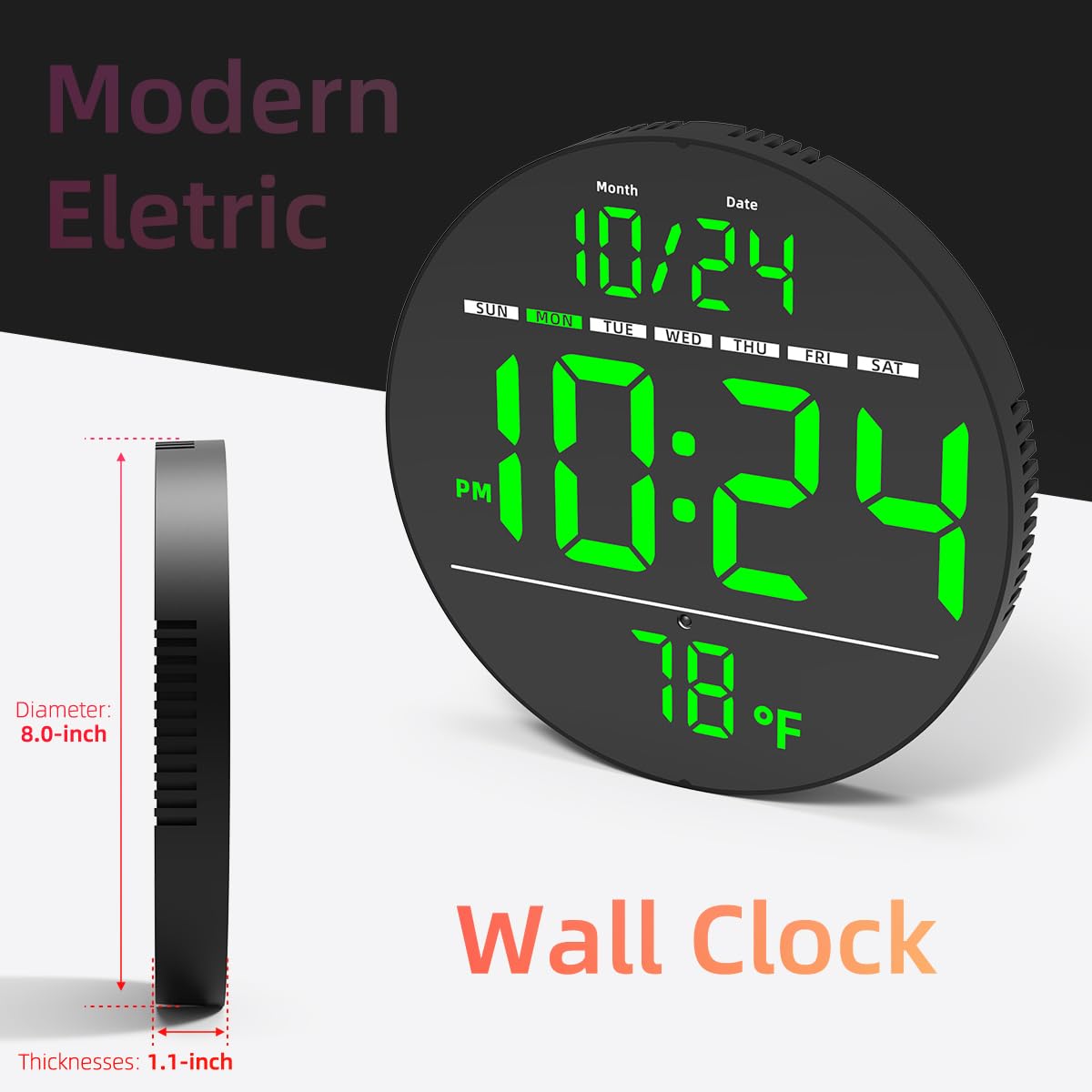 Digital Wall Clock with Large LED Display, Auto-Brightness, Temperature, Low-Reflectivity, Small Silent Non-Ticking Modern Electric Wall Clock for Bedroom, Living Room, Office, Classroom, Farmhouse