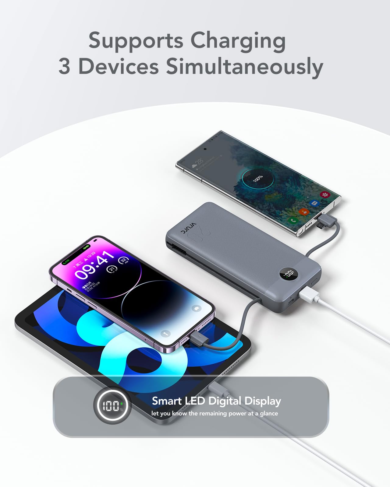 VRURC Power Bank 20000mAh, Fast Charging Portable Charger USB C,4 Output 2 Input Charging Bank Equipped with LED Display,Built-in Wall Plug and Cables,Cell Phone Replacement Battery,White