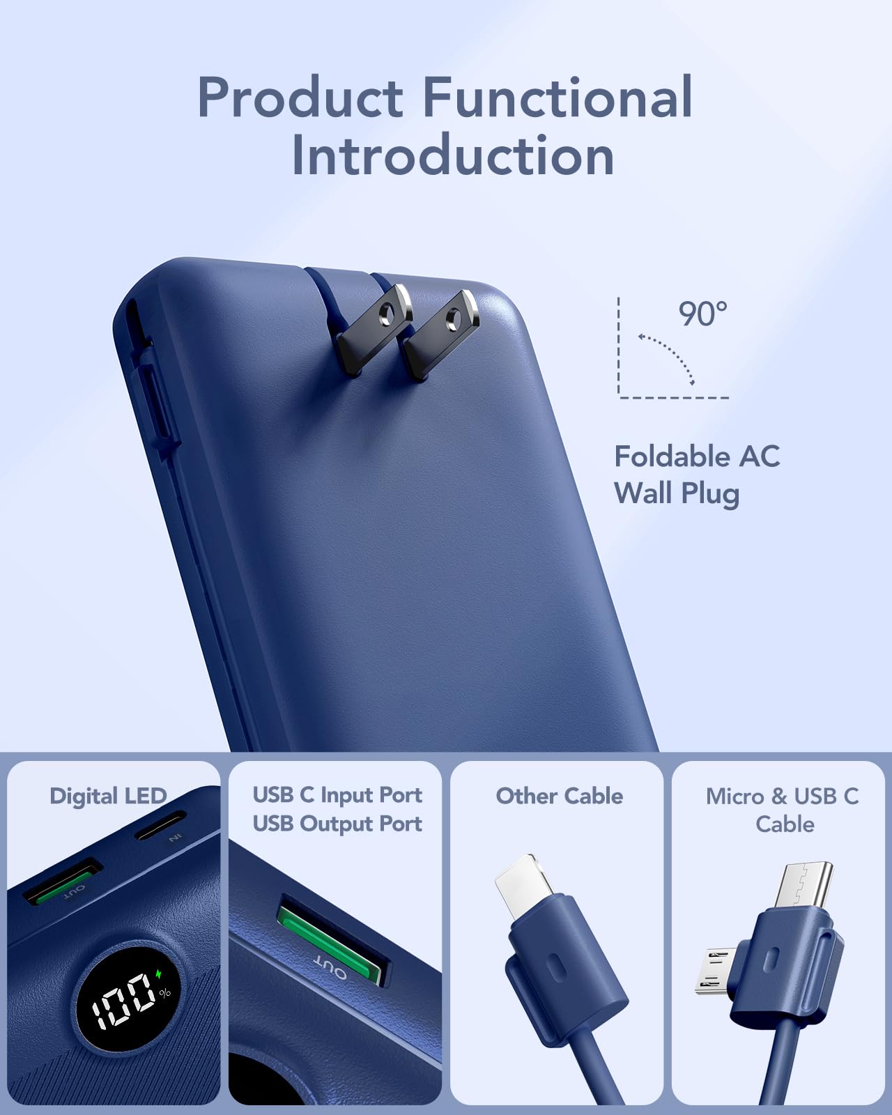 VRURC Power Bank 20000mAh, Fast Charging Portable Charger USB C,4 Output 2 Input Charging Bank Equipped with LED Display,Built-in Wall Plug and Cables,Cell Phone Replacement Battery,White