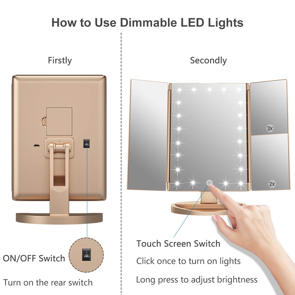 WEILY Makeup Mirror with 21 LED Lights,Two Power Supply Modes, Adjustable Touch Screen and 1x/2x/3x Magnification Tri-Fold Vanity Mirror,Chargeable Travel Cosmetic Mirror for Desktop(White)