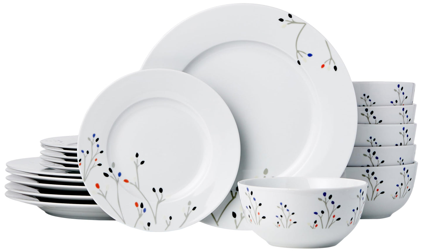 Amazon Basics 18-Piece Kitchen Dinnerware Set, Plates, Dishes, Bowls, Service for 6, White Porcelain Coupe