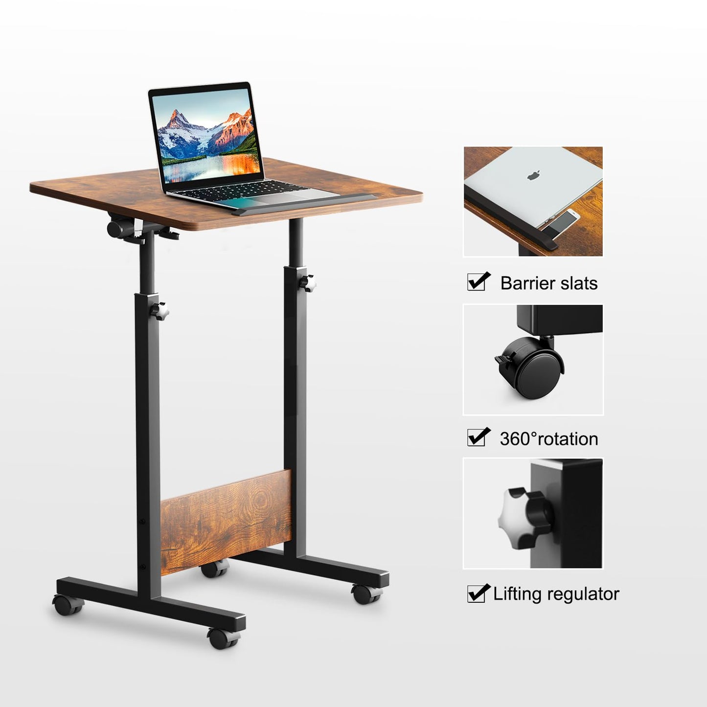 KOUPA Height Adjustable Mobile Standing Desk 16×24 in,360° Flip Desk Stand Desk Home Office Table Standing Desk for Small Space Offices,Easy to Assemble(Rustic Brown Desktop)