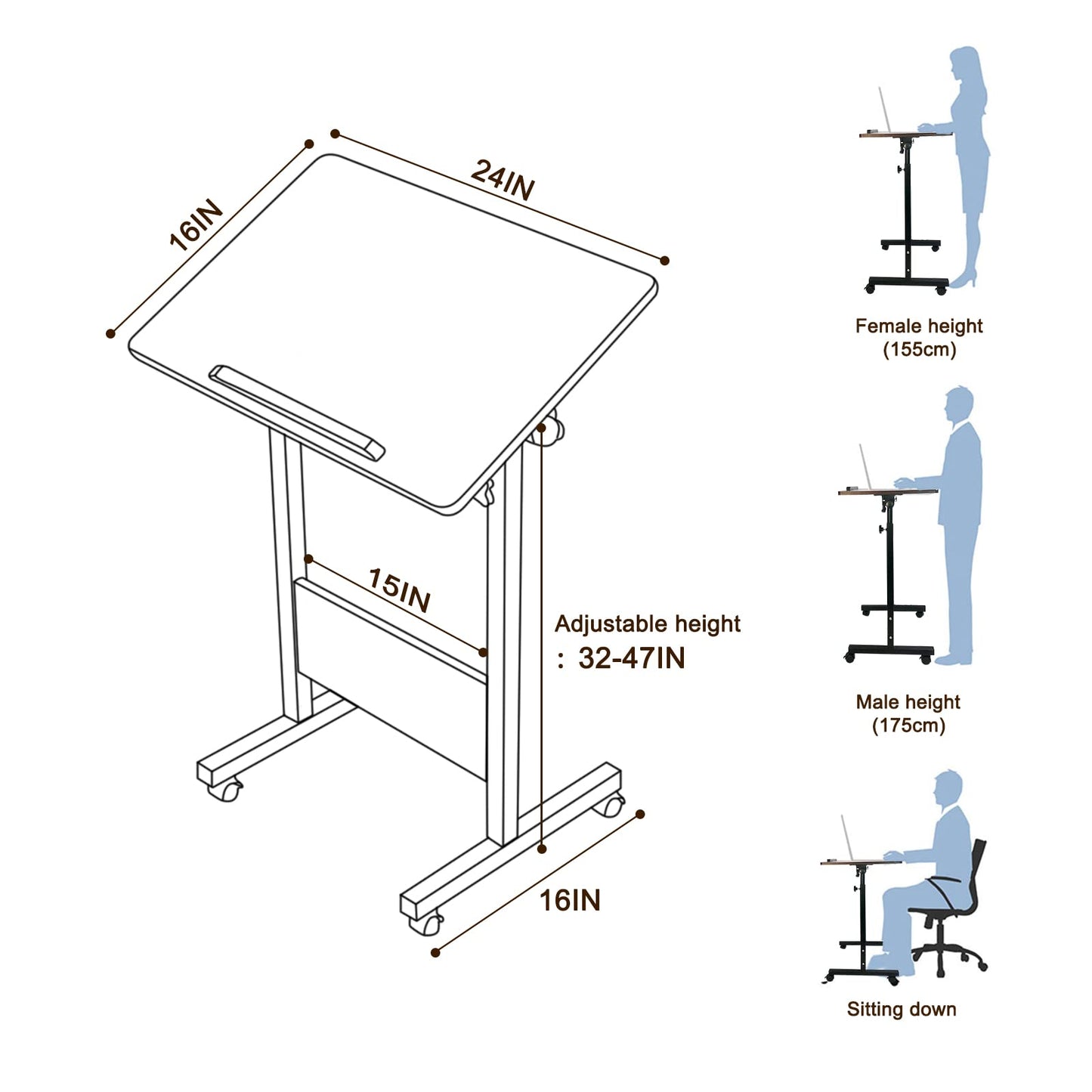 KOUPA Height Adjustable Mobile Standing Desk 16×24 in,360° Flip Desk Stand Desk Home Office Table Standing Desk for Small Space Offices,Easy to Assemble(Rustic Brown Desktop)