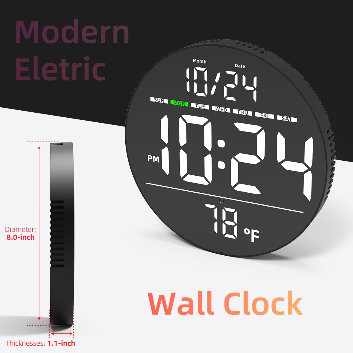Digital Wall Clock with Large LED Display, Auto-Brightness, Temperature, Low-Reflectivity, Small Silent Non-Ticking Modern Electric Wall Clock for Bedroom, Living Room, Office, Classroom, Farmhouse